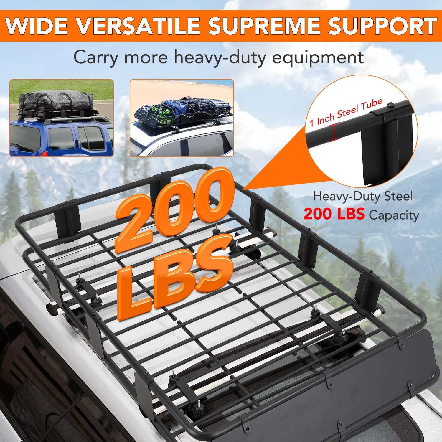 Roof Rack Basket Universal Rooftop - 200Lb Capacity, Large Size Adjustable Vehicle Cargo Baskets (64”x39”x6”)+Lockable Waterproof Cargo Bag (52”x39”x15”), and Cargo Net with Ratchet Straps