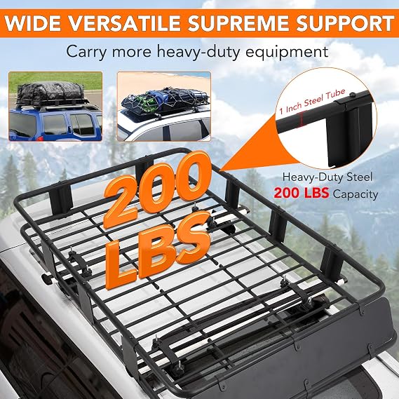 Rooftop Cargo Basket 64 x 39 Steel Universal Roof Rack Basket with Cargo Carrier Bag,Roof Rack Accessories,Adjustable to 48x 39,200 Lbs Capacity,Car Roof Basket for SUV, Truck,Vehicle
