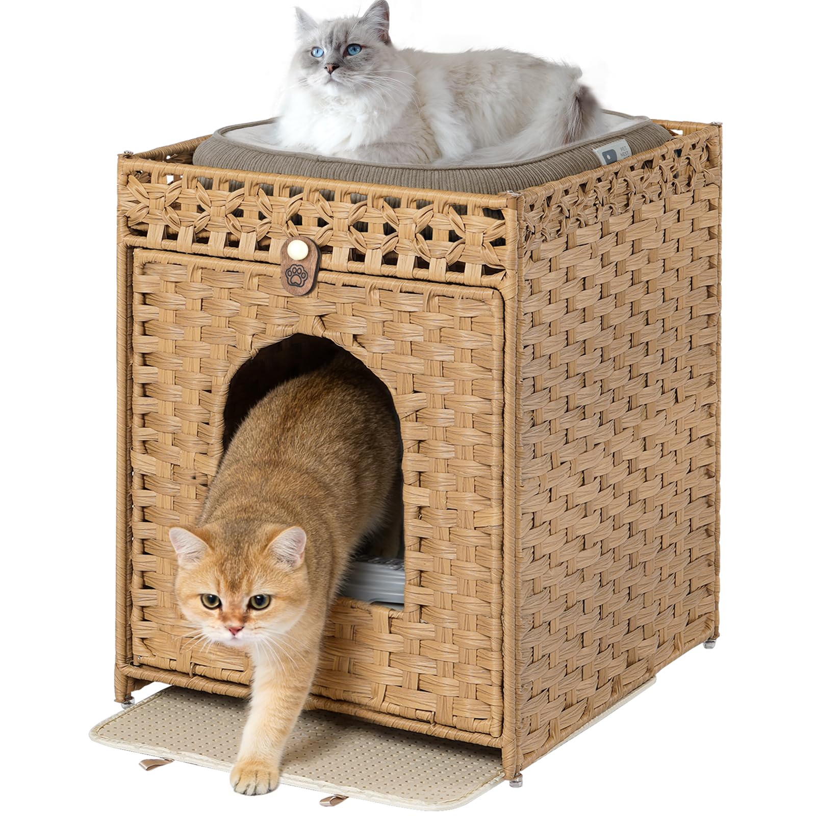 Snughome 猫ベッドキャットハウス手編み藤製猫砂箱ダブルデザイン猫トイレカバー猫砂ボックス収納家具多機能ペットハウス大容量・通気性 防水・防晒・簡単設置折りたたみ式猫ハウス室内猫 部屋夜台 / サイドテーブル猫隠れ家隠す猫用レストルーム収納キャビネットニオイ軽減猫砂飛散防止53x43x57cm(木の色）