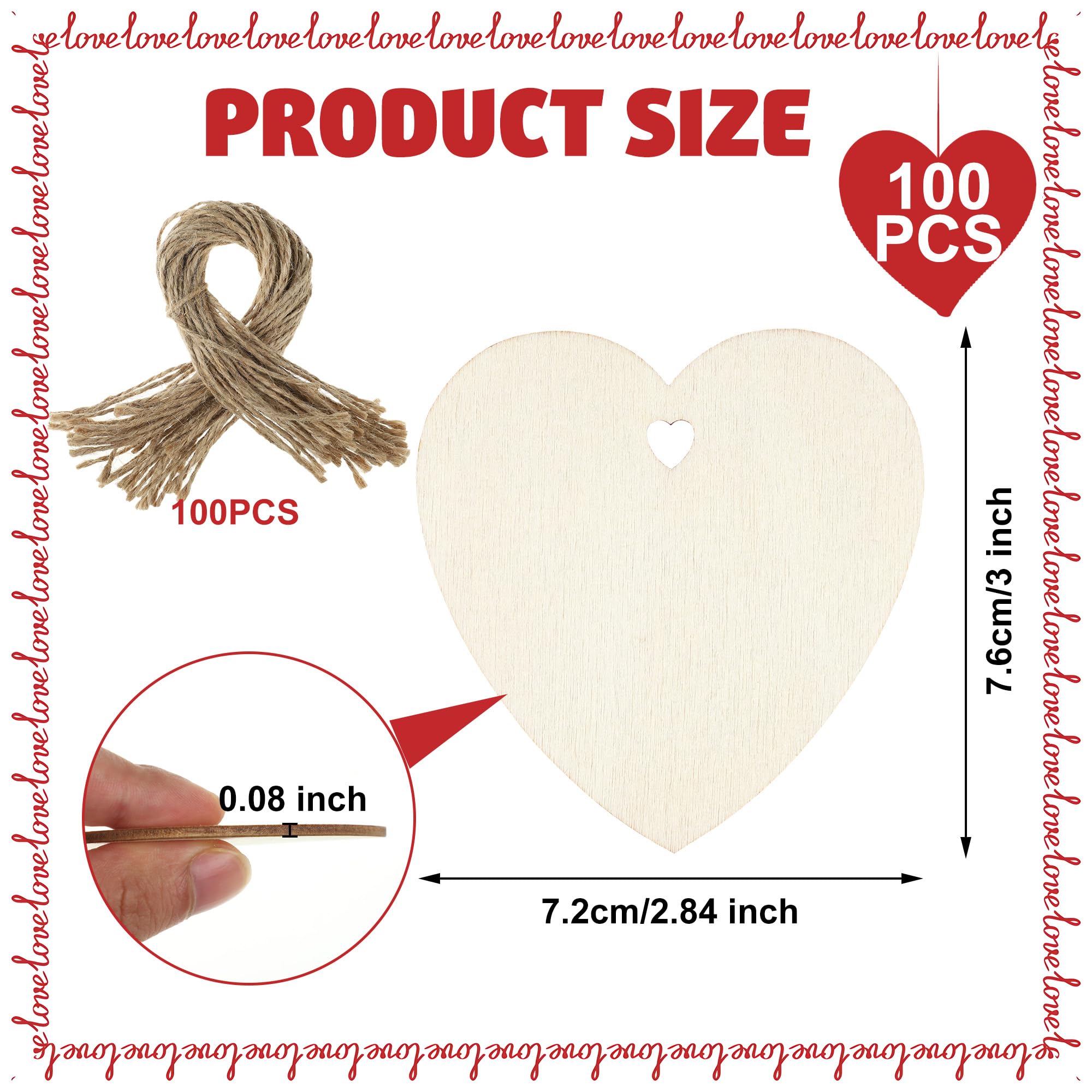 Wooden Heart Cutouts With Ropes - 20 Piece 4x4 Inch Craft Hearts For DIY Decor