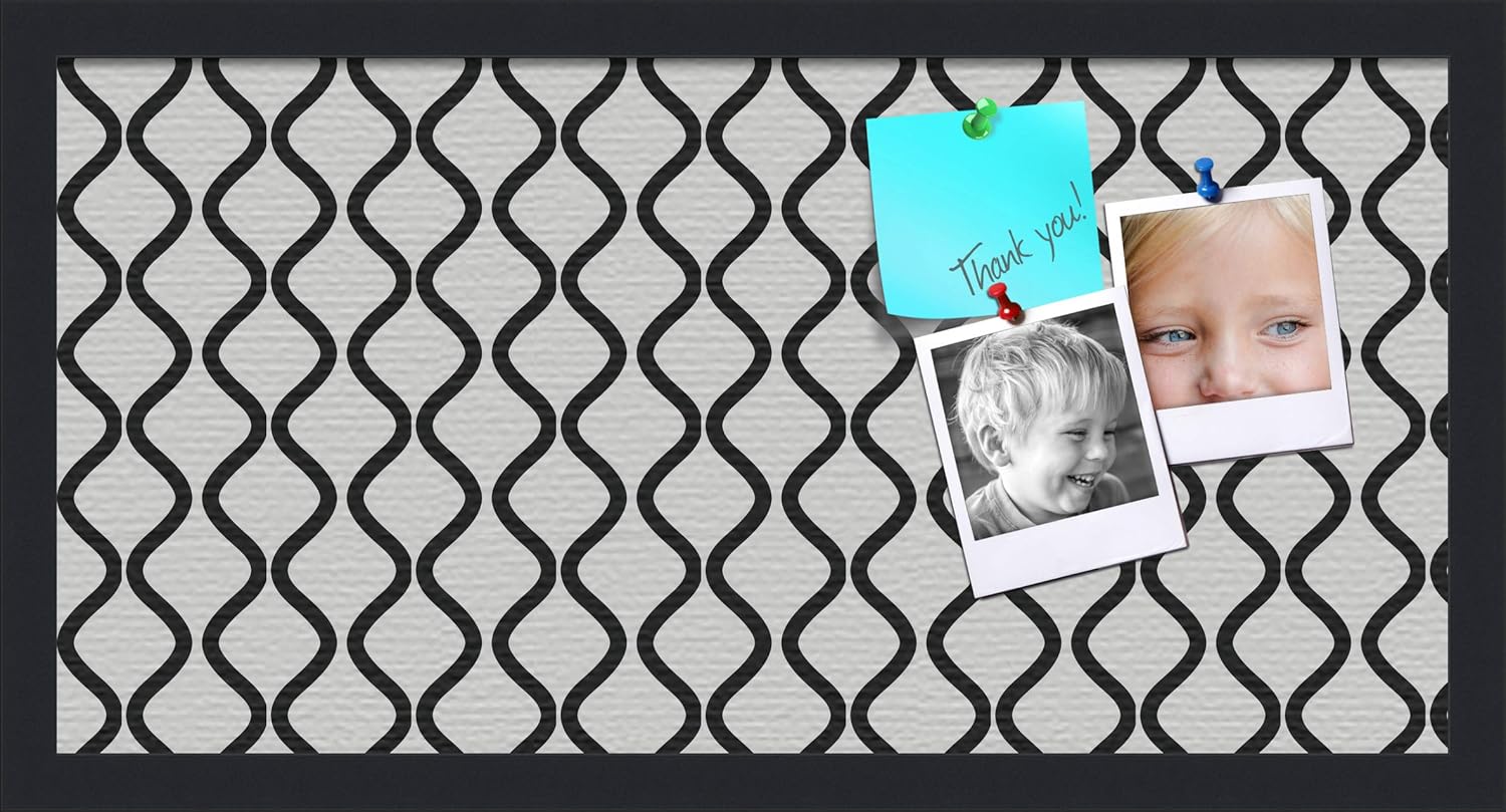 PinPix 24x12 Inch Cork Bulletin Board. This Decorative Framed Pin Board Comes with Black and White Waves Design and a Satin Black Frame. Ideal for Home Office Decor or Message Board (PinPix-194)