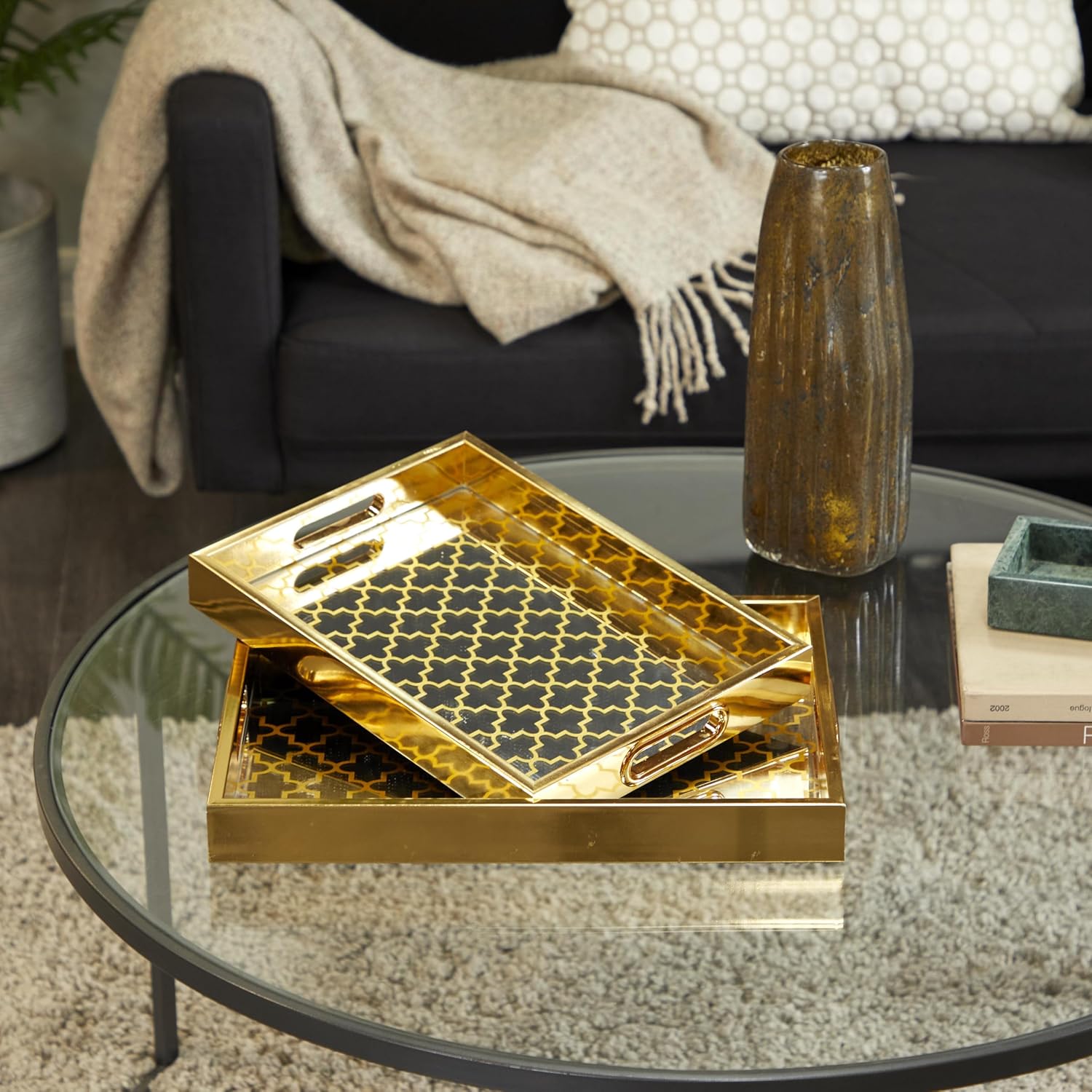 Deco 79 Plastic Geometric Living Room Decor Tray Mirrored Ottoman Tray, Set of 2 Serving Tray 16", 14" W, Gold