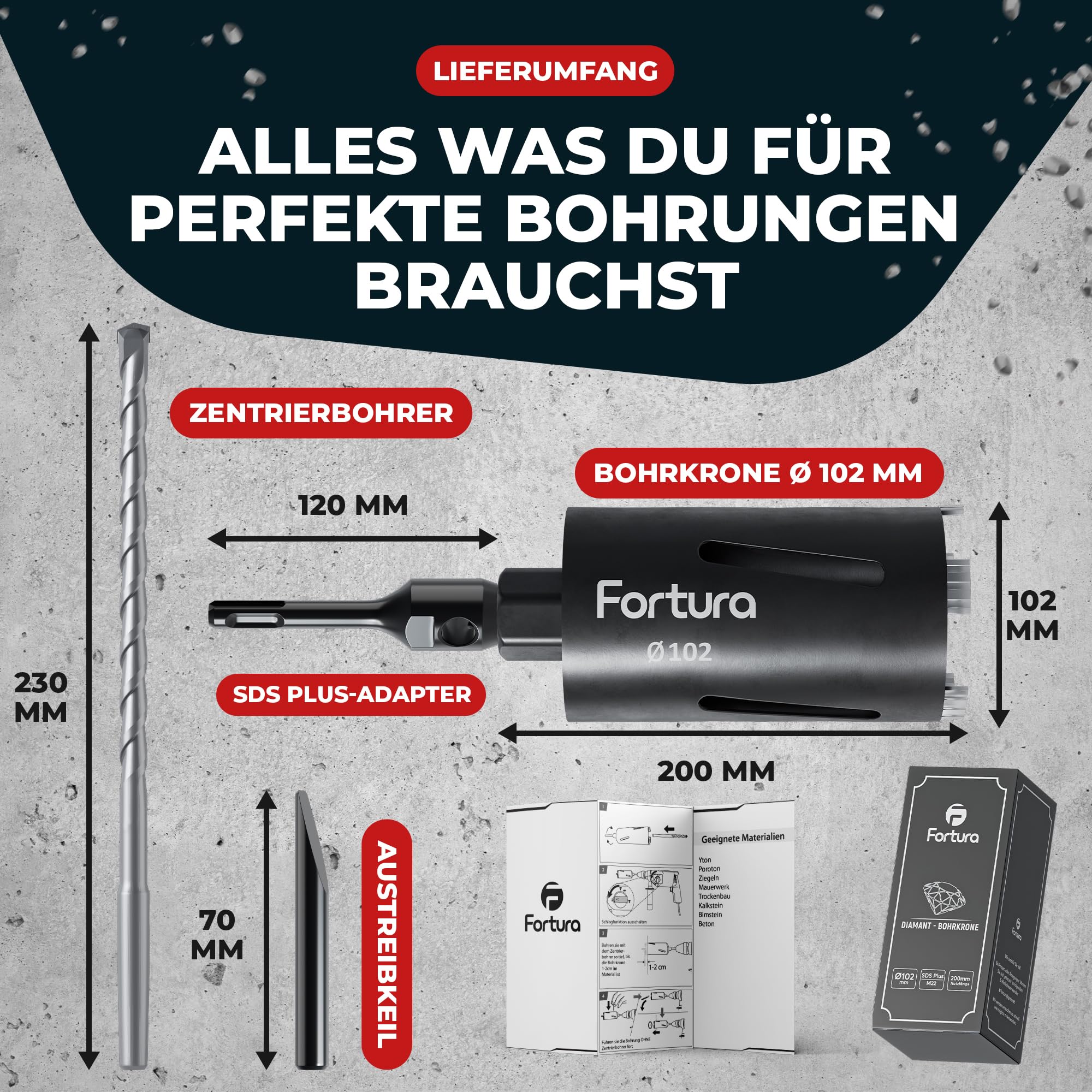 Fortura® Kernboor/boorkroon 42 - 162 mm / 200 mm lengte/SDS Plus/blikboor/ diamantboorkroon/boorkroon, stopcontact, kerngatboor
