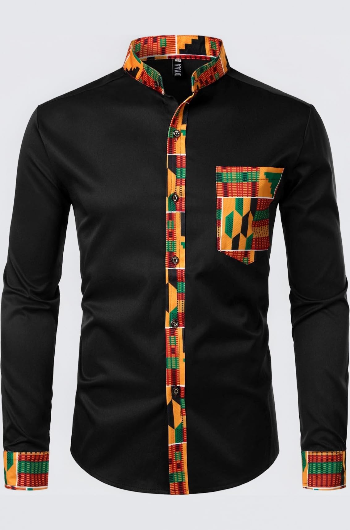 ZEROYAA Men's Hipster African Tribal Graphic Patchwork Design Slim Fit Long Sleeve Button up Mandarin Collar Shirts