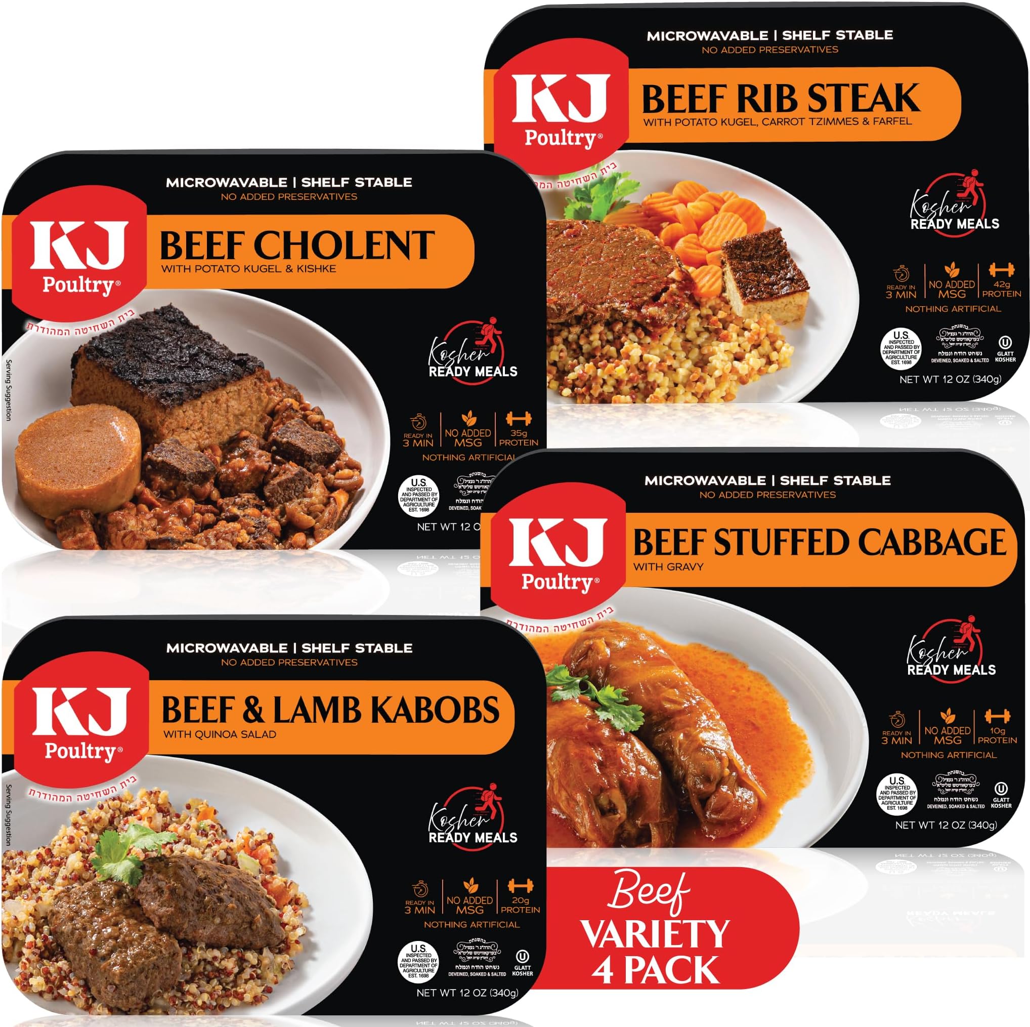 Kosher MRE Meat Meals Ready to Eat, Beef Variety (4 Pack) Prepared Entree Fully Cooked, Shelf Stable Microwave Dinner โ Travel, Military, Camping, Emergency Survival Protein Food Supply Kit