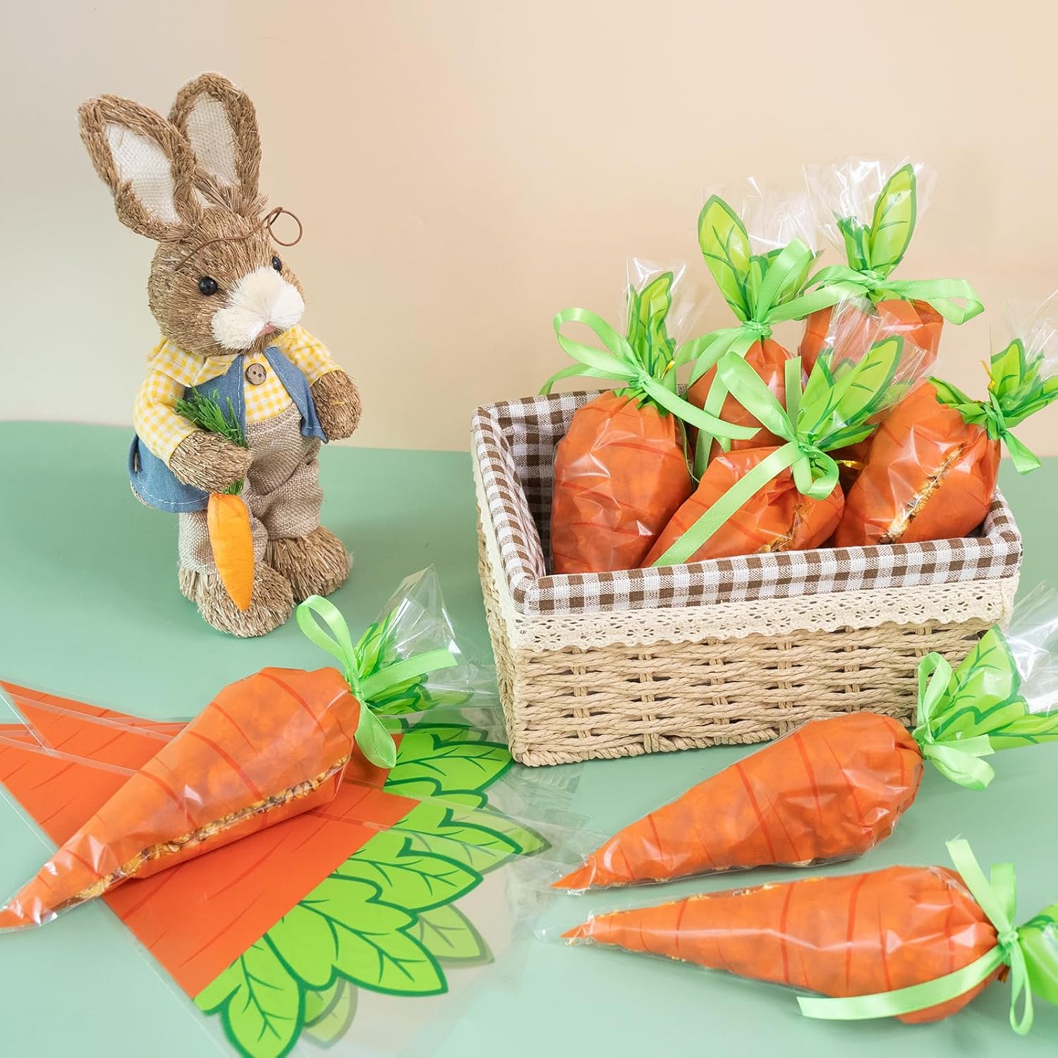 Ctoiotc 50 Pieces Easter Cellophane Bags, 7.8"x13.1" Goodie Bags, Easter Carrot Patterned Cone Treat Bags with Ribbon & Twist Ties