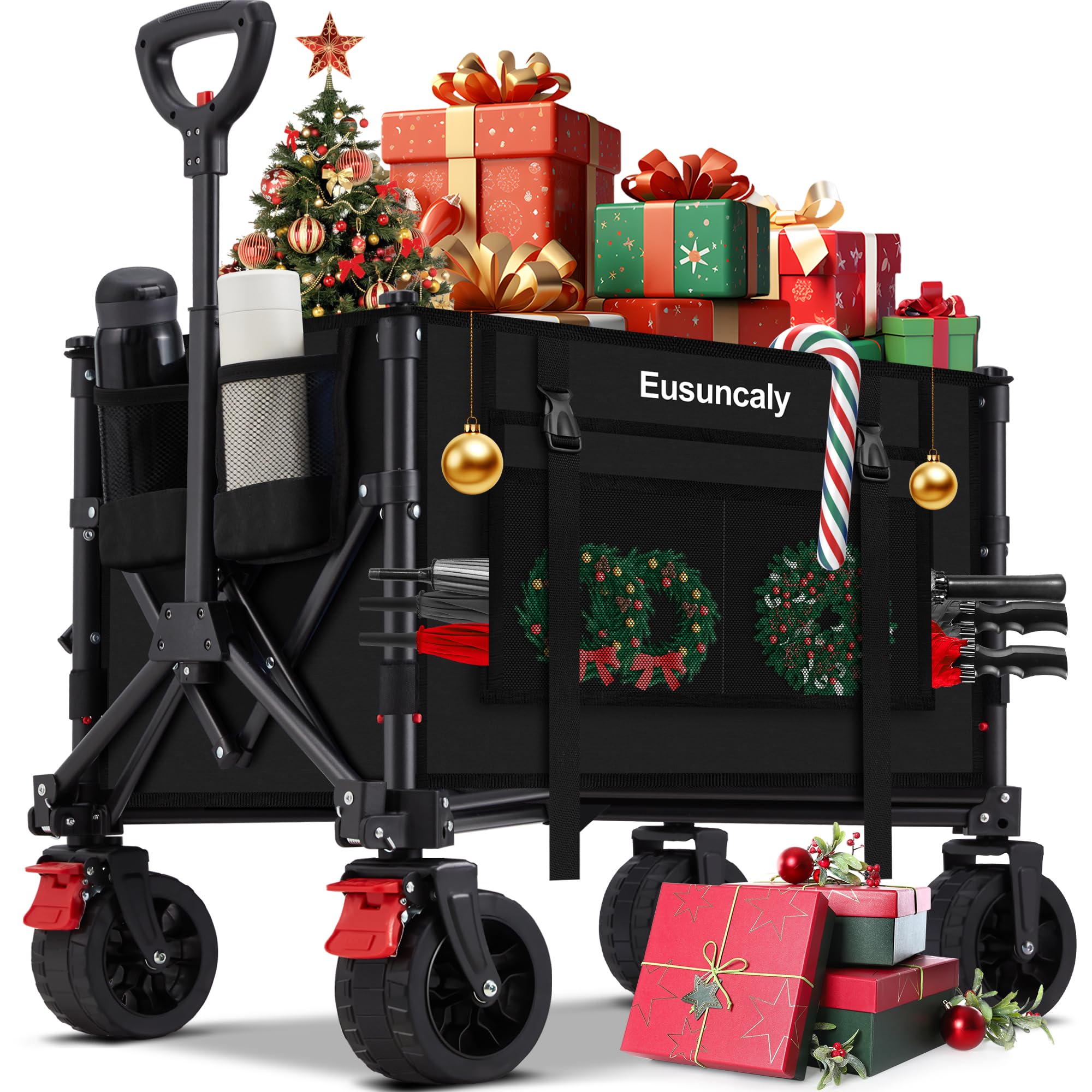 Collapsible Wagon Carts,Folding Wagon Cart with All Terrain Wheels,Heavy Duty Garden Carts,Outdoor Utility Wagon with Side Pockets and Brakes for Camping Shopping Sports Fishing(Black)