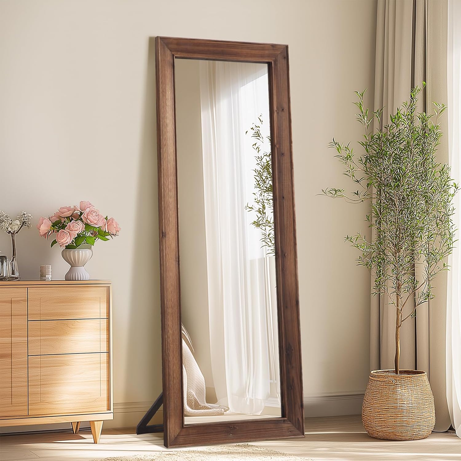 MirrMyst Rustic Farmhouse Full Length Mirror, 64"x21" Wood Frame Floor Mirror, Free Standing Mirror Leaning Wall for Bedroom Living Room Cloakroom, Rustic Brown