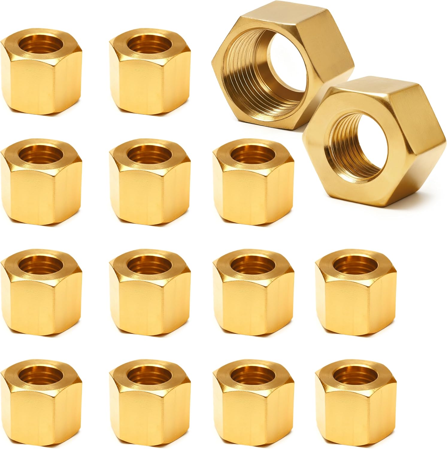 Siptenk 15PCS 3/8" Brass Compression Nuts, Brass Compression Fitting for Air Brake Lines, Water, Oil, Fuel Inert Gases Plumbing System