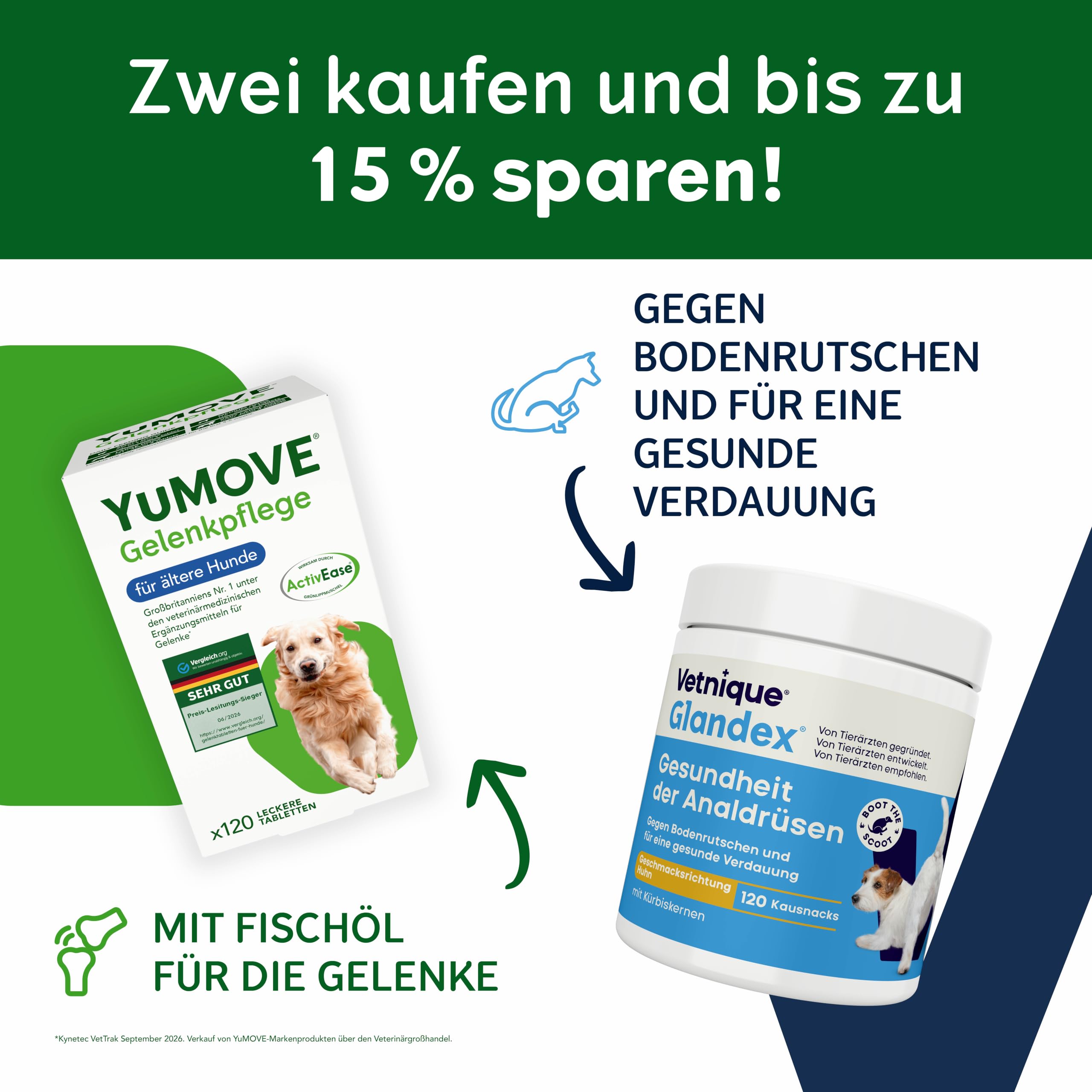 YuMOVE Gelenktabletten Hund Senior + Glandex Kombipack - Pack 120+120 Tabletten & Kausnacks - ActivEase Grünlippmuschel - Analdrüsen Hund & Senior Alltag