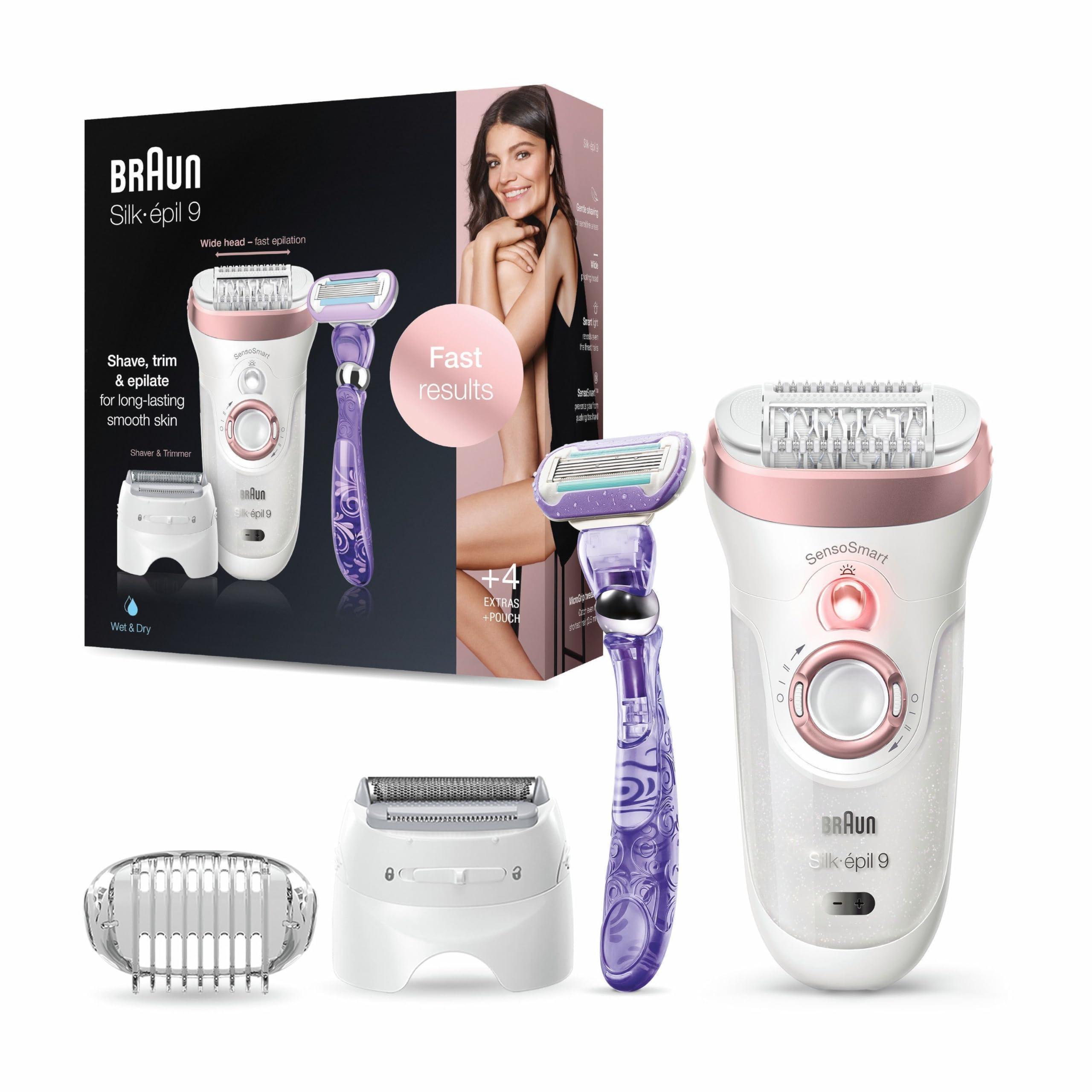 Braun Silk-épil 9 Epilierer Damen / Haarentferner für langanhaltende Haarentfernung, inkl. Venus Swirl Rasierer, Hochfrequenz-Massageaufsatz, 9-870, weiß/roségold