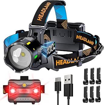 XILUO 160000Lux 11 Modi Stirnlampe Rote Warnung und Sensor, 90H Standy 125° Einstellbare und Zoomable Kopflampe, Stirnlampe Led Wiederaufladbar Wasserdicht IP44 für Angeln Camping Wandern Laufen