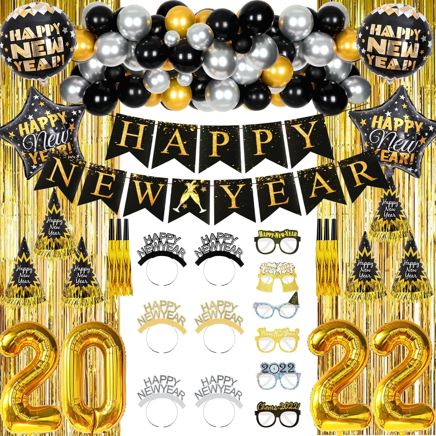 Happy New Year Decorations Kit- New Years Eve Party Supplies 2024 Gold and Black Party Decorations for Happy New Year Party Decoration
