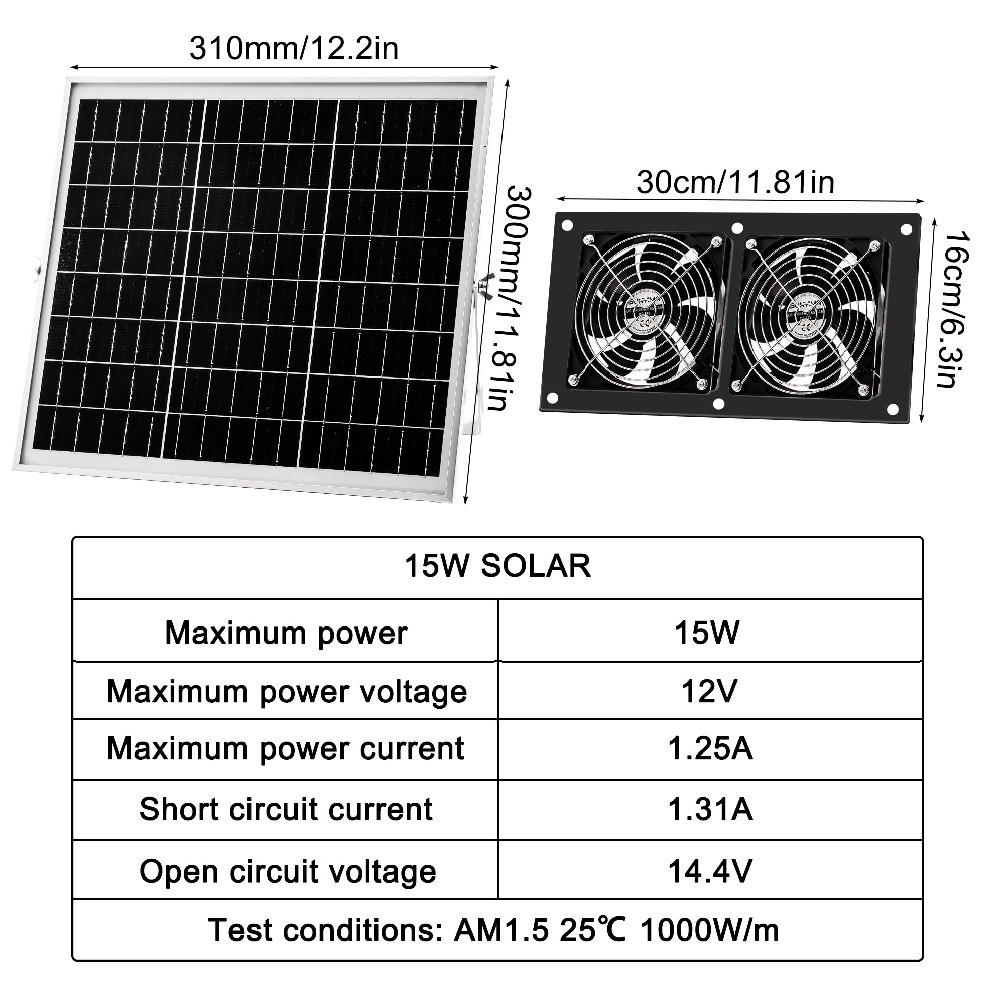 Joycabin Solar Ventilator, 15W Solarmodul Lüfter Kit, Solar Dual Auspuffventilator, Tragbarer Solar Abluftventilator für kleine Hühnerställe, Gewächshäuser, Haustierhäuser, Garage, Keller