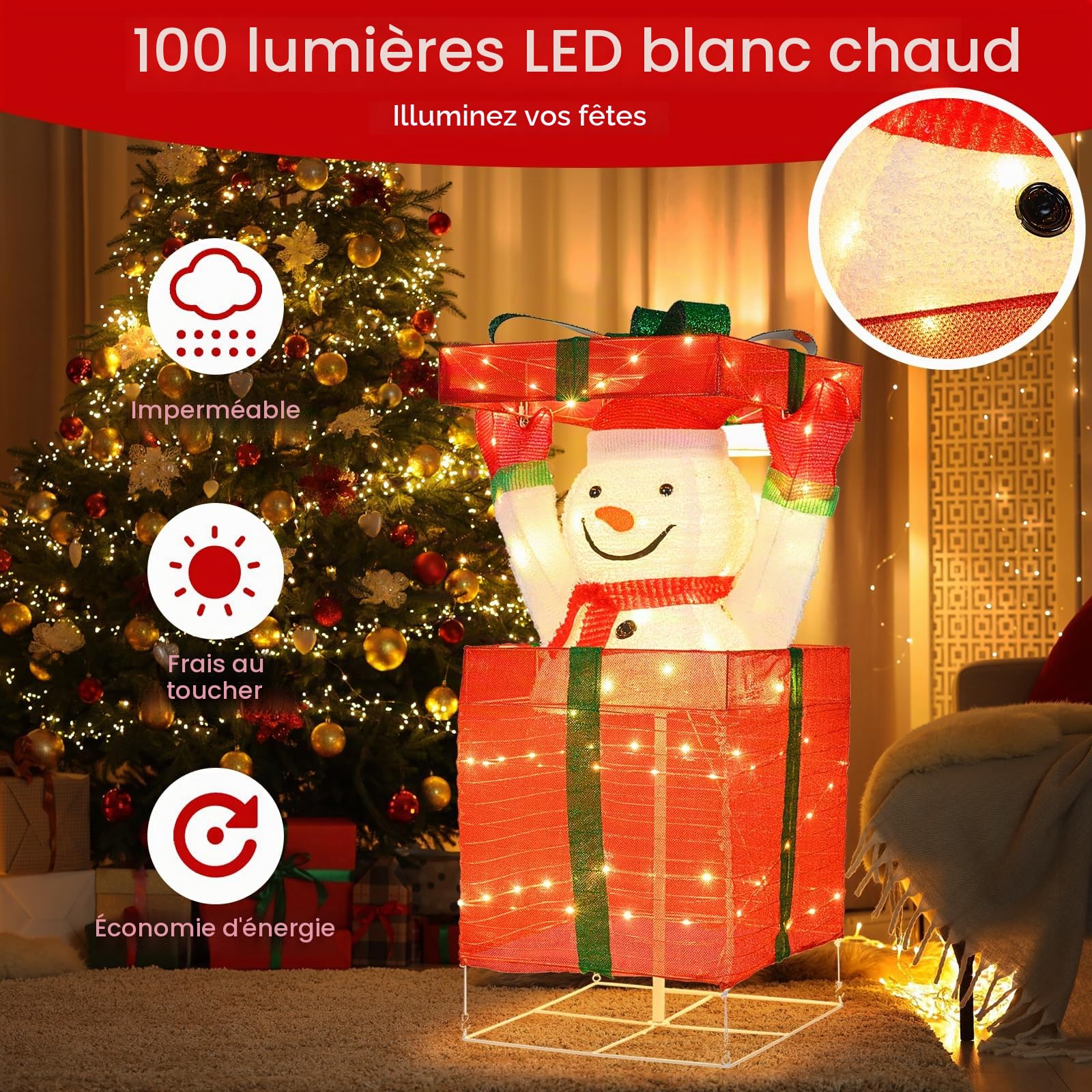 SOARS Decoration Noel, Bonhomme de Neige en Boite Cadeau 115 CM, 100 LED | 100 Lumières LED Blanc Chaud, Piquets & Attaches, Decoration Noel Exterieur Interieur Maison pour Salon, Cour, Jardin, Sapin
