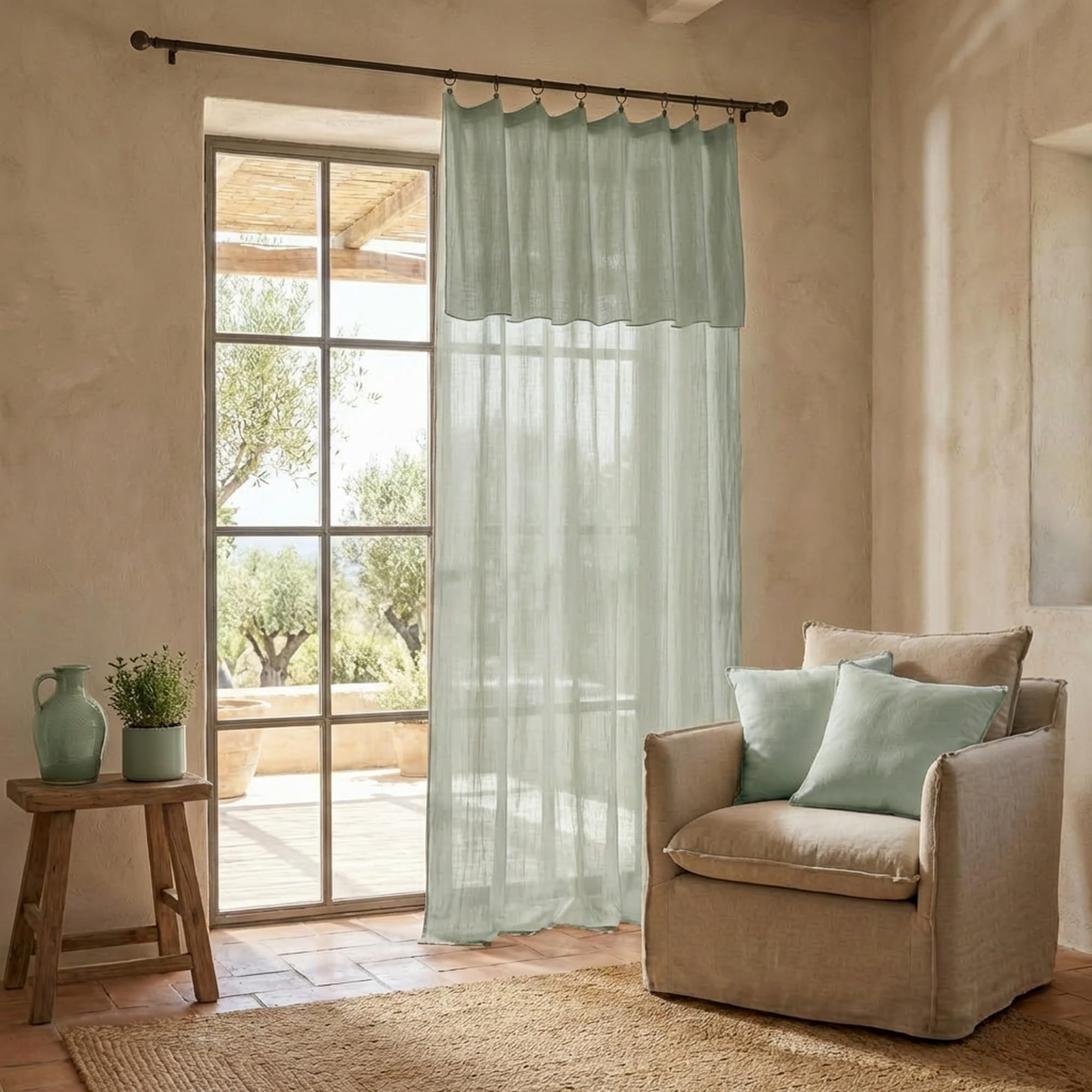 Rideau 140x300 cm gaze de coton de qualité supérieure fini main nuance eucalyptus