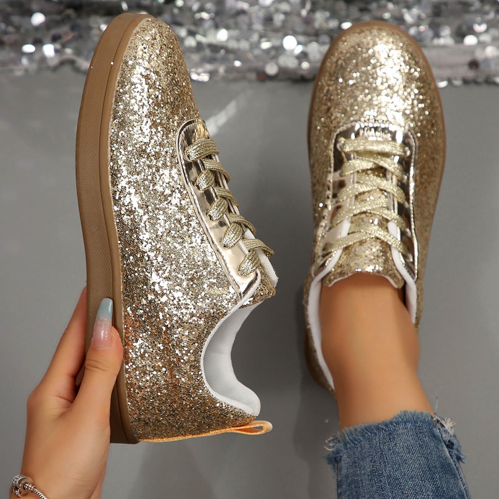 Zapatillas para mujer, zapatos planos con purpurina, zapatos informales, ligeros, transpirables, con cordones, zapatillas de deporte, zapatillas de deporte para mujer, zapatos informales