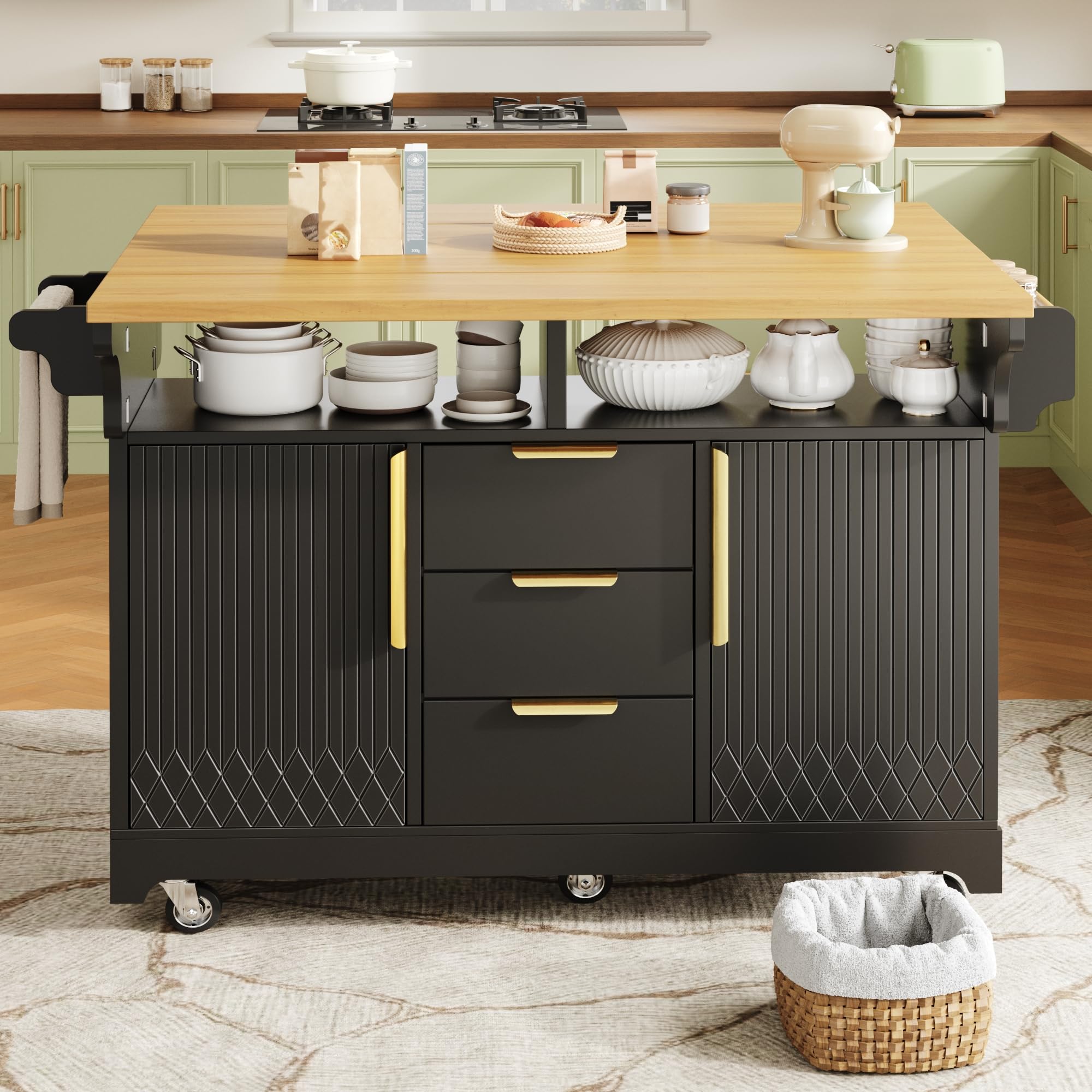 Isola da cucina multifunzionale con estensione tavolo da pranzo, ante con motivo verticale, vano portaoggetti con cassetti, piano pieghevole su entrambi i lati, credenza da cucina su ruote