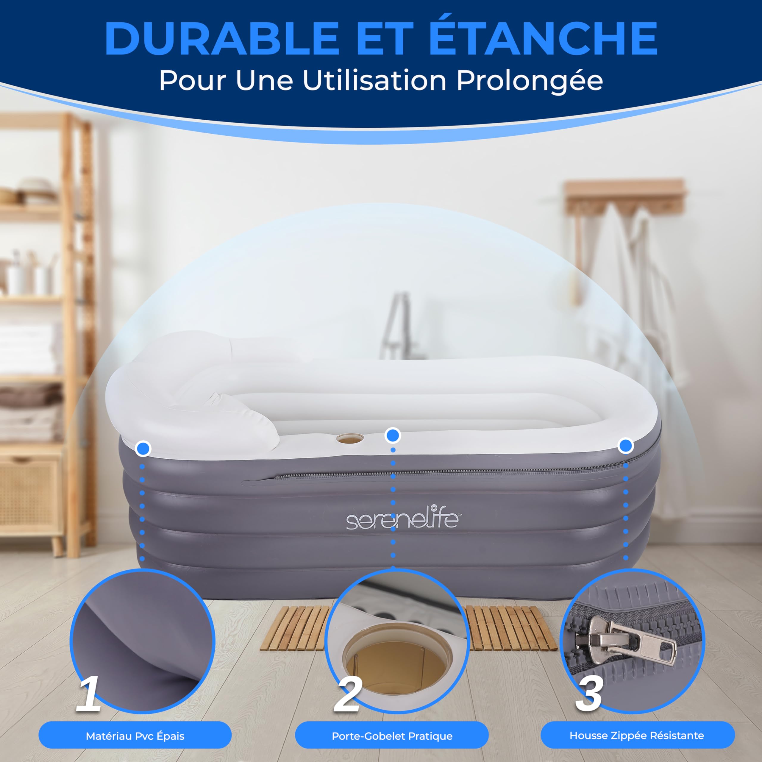 SereneLife Baignoire de Spa avec Tapis de Massage à Bulles, Baignoire Gonflable avec Coussin, Porte-Gobelet, Télécommande pour Éclairage LED, Dossier et Accoudoirs, Convient jusqu'à 86 kg