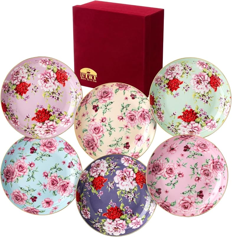 BTaT- Ceramic Floral Dessert Plates, Set of 6, 8 Inch, Assorted Colors with Golden Rim, Deep Porcelain Floral Plates with Gift Box, Dishwasher Safe