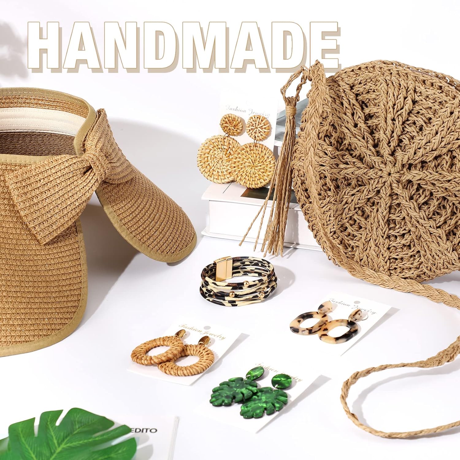 Hicarer 7-Piece Straw Accessory Set for Women: Straw Purses, Tropical Earrings, Bracelet & Boho Beach Hats for Summer Vacation