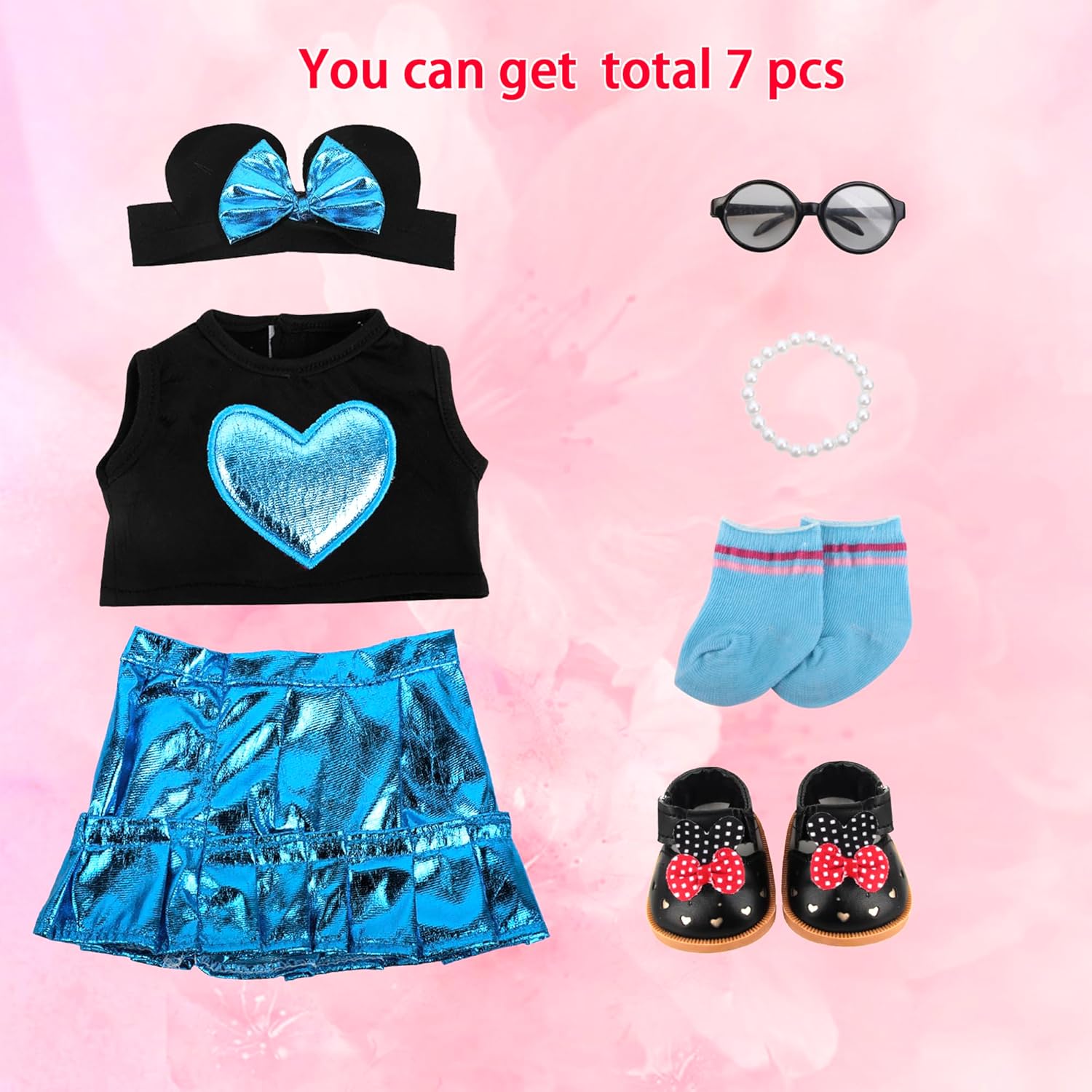 MSYO 17-18 Inch Blue Doll Clothes 7Pcs Set, Cool Neutral Fresh Doll Dress Up Outfit with Headband Top Skirt Socks Shoes Glasses Necklace, Unique Unisex Doll Gift for Kids