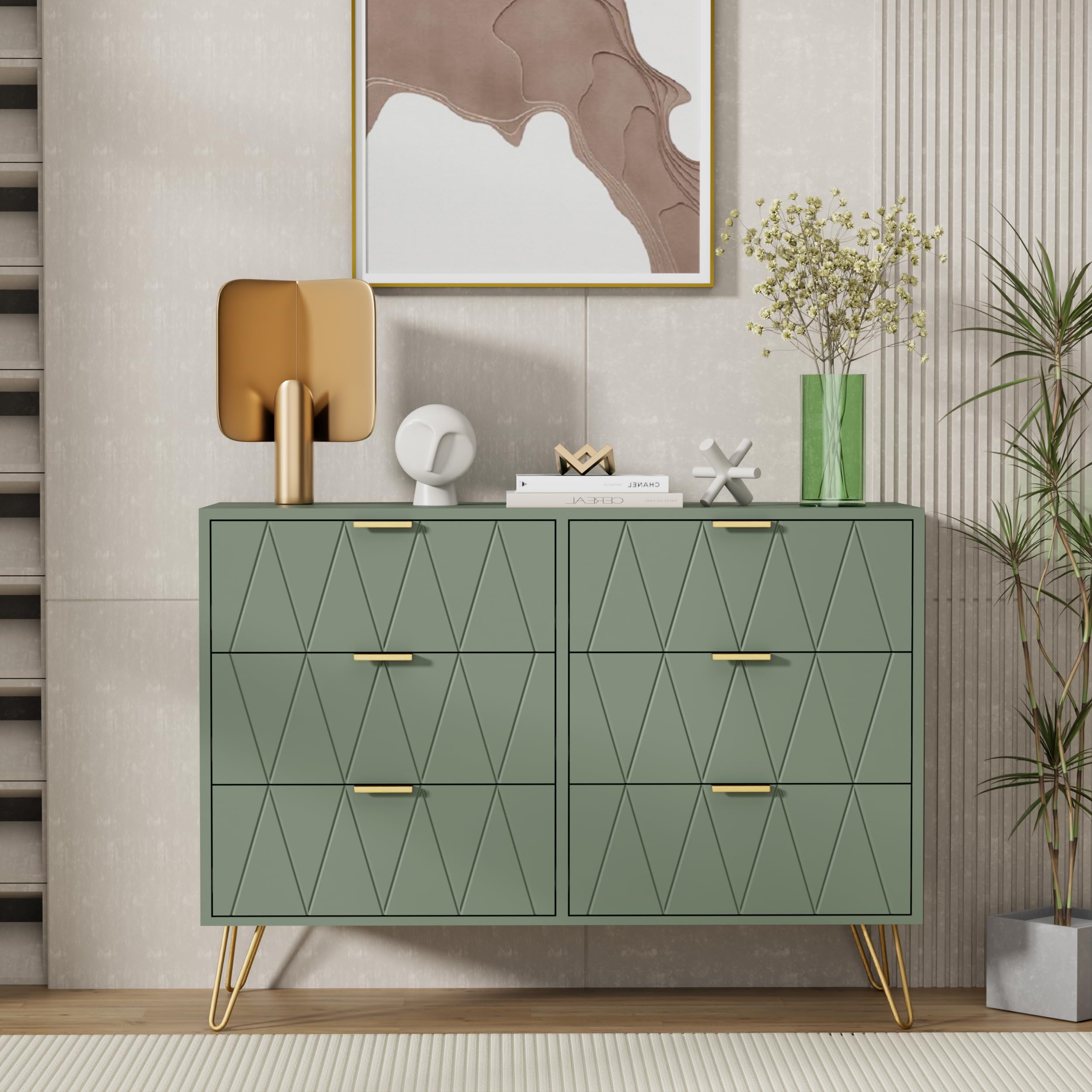UEV 6 Drawer Chest of Drawers, Modern Wide Bedroom Dresser with Metal Handles, Wooden Storage Unit for Bedroom Living Room Hallway Entryway, Space Saving Furniture Organiser, Grey Green