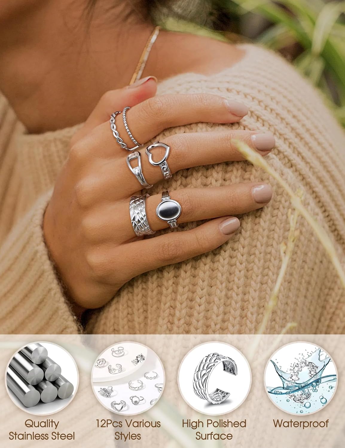 Subiceto 12Pcs Stainless Steel Rings for Women Silver Plated Aesthetic Jewelry Rings Adjustable Open Stackable Rings Trendy Knuckle Thumb Finger Rings Size 6-9 Indie Rings - Image 2