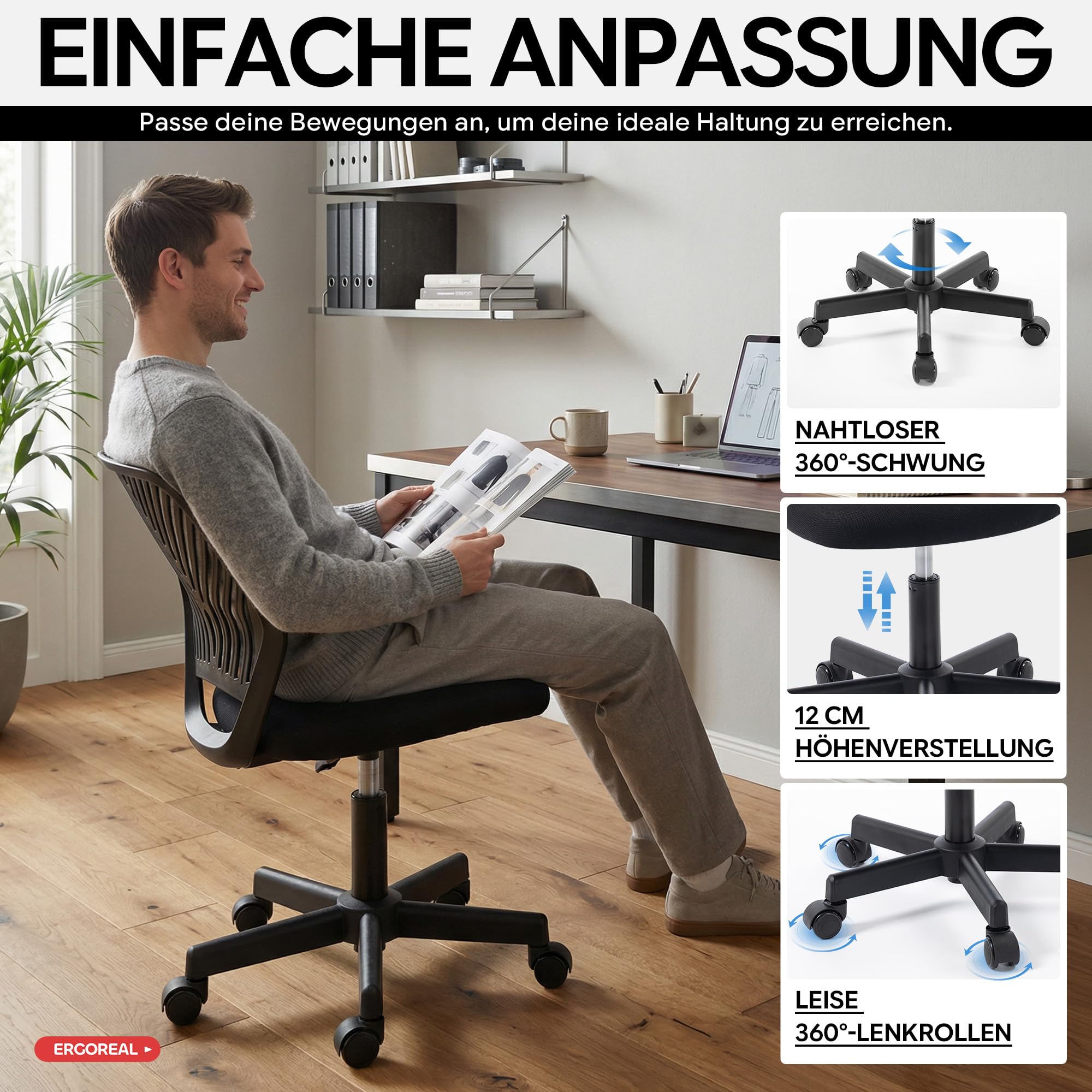 Ergonomischer Bürostuhl ohne Armlehne, Bürostuhl mit Rollen & Höhenverstellung, Bürostuhl Cozy mit Ergonomischer Rückenlehne,Homeoffice/Arbeitszimmer/Studienzimmer (Tiefe Schwarz)