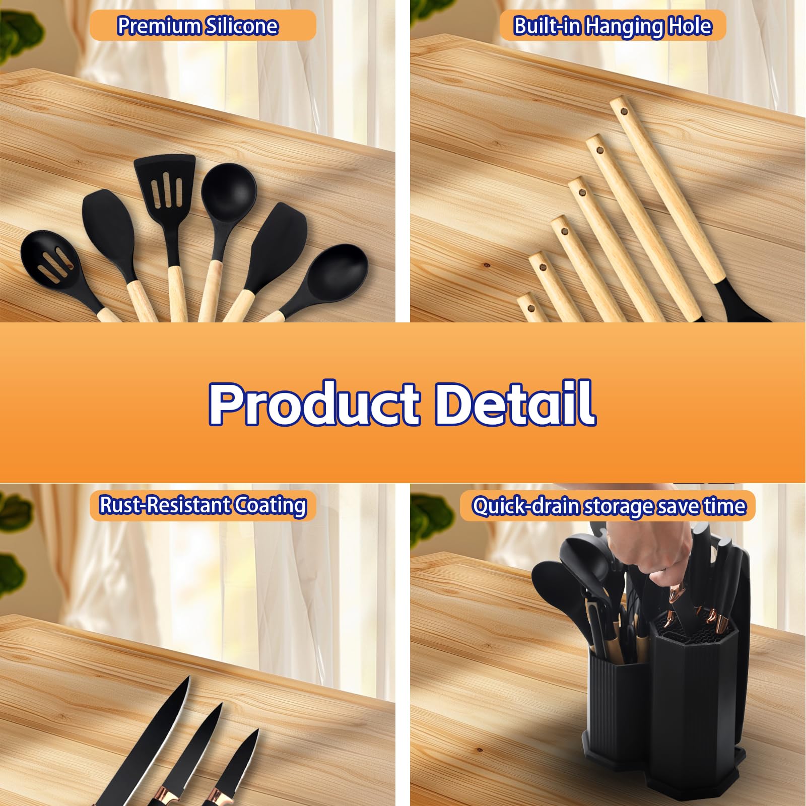 Set Utensili da Cucina 19 Pezzi Nero – Include 5 Coltelli, 1 Tagliere 13 Utensili in Silicone con Scatola di Conservazione a Forma di Diamante – Resistenti al Calore Ideale per Ogni Cucina