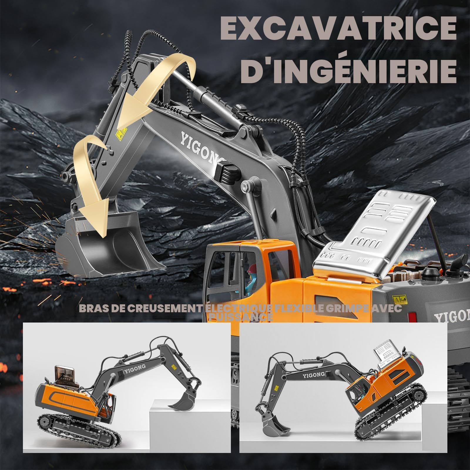 Excavateur Télécommandé pour Enfants,Excavateur Rechargeable avec Pelle en Métal,Excavateur Hydraulique Rc avec Lumières et Sons,Jouet de Creusage pour Garçons de 4-14 Ans