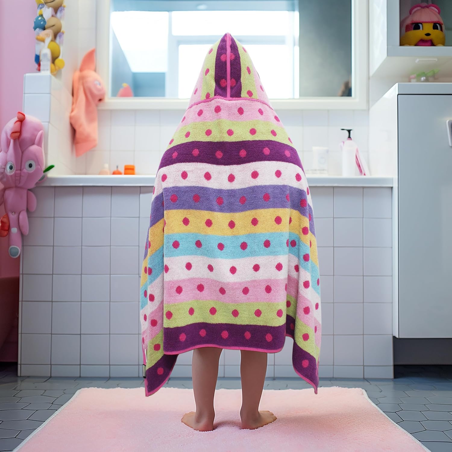 ORIGINAL KIDS Hooded Bath Towel Wrap - 100% Cotton Jacquard Reversible Large Hooded Kids Towel - Toddler Shower Pool Beach Towel - Soft Plush Absorbent Quick Dry Easy Care Gift -26x50- Pink Multicolor - Image 5