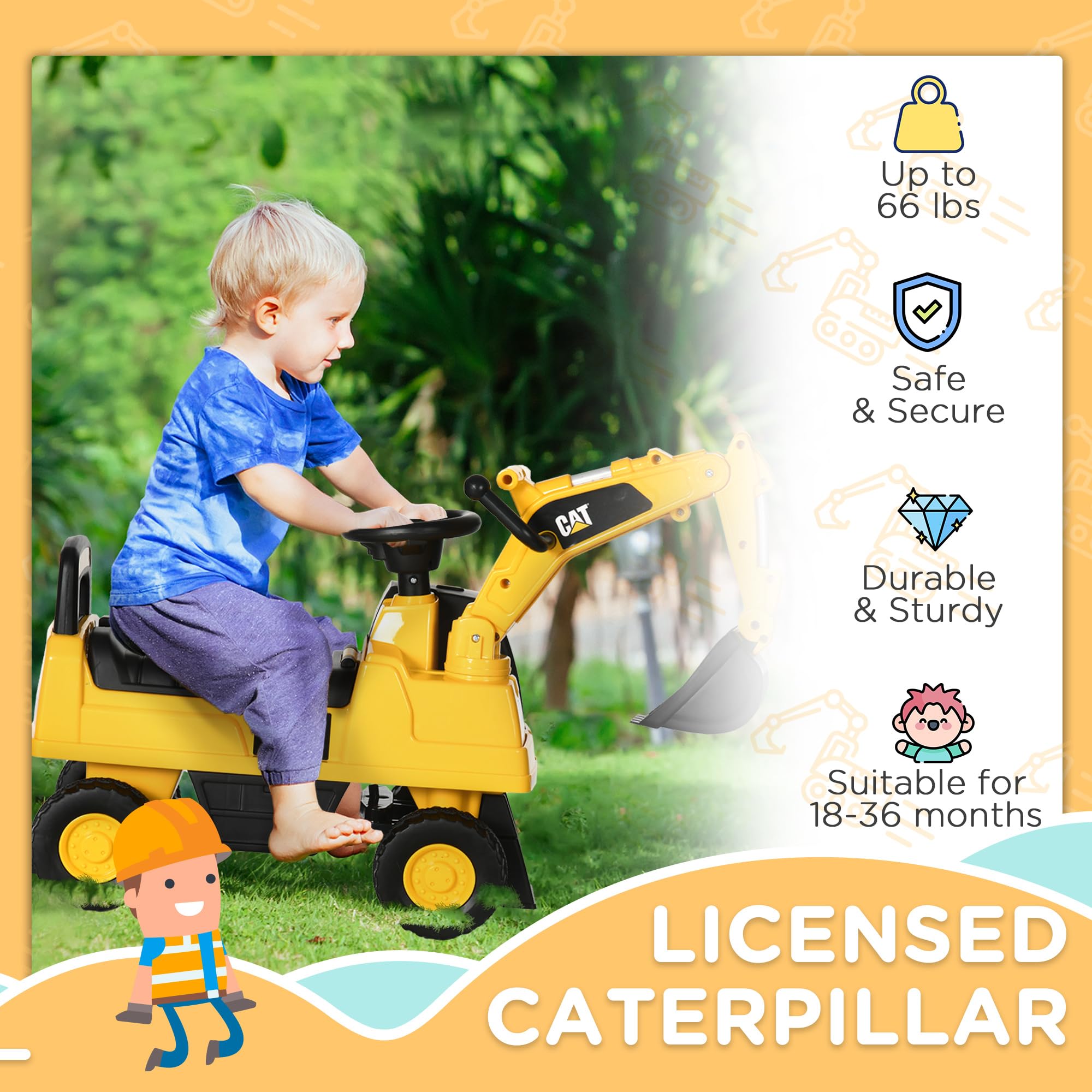 Juguete de excavadora con licencia CAT para niños, pedal manual con pala manual, bocina, almacenamiento oculto para niños y niñas de 18 a 36 meses, color amarillo 3