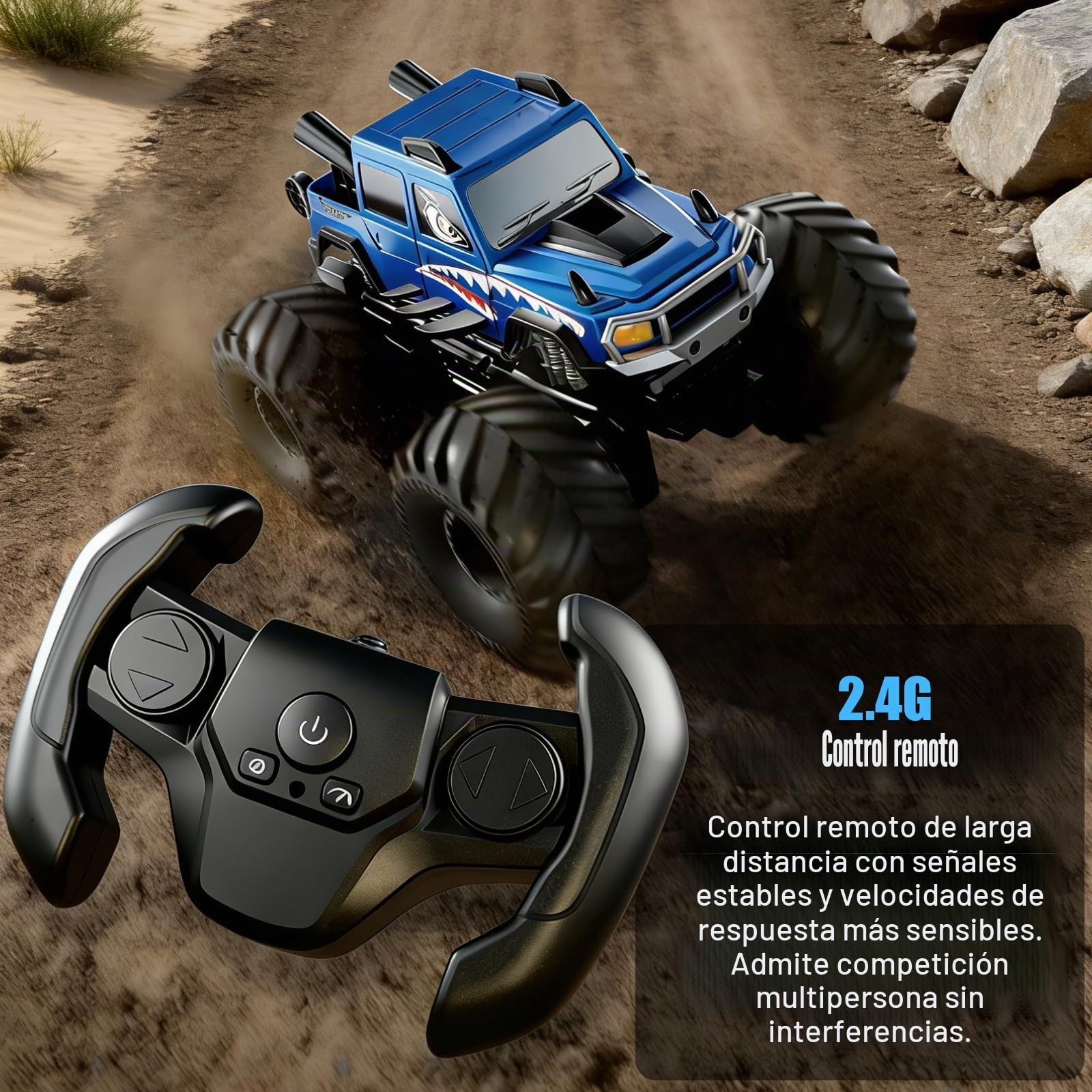 Coche Teledirigido Anfibio para Niños, 2.4GHz 4WD 360° Rotación Impermeable Monster Truck, Todo Terreno Off Road RC Coche
