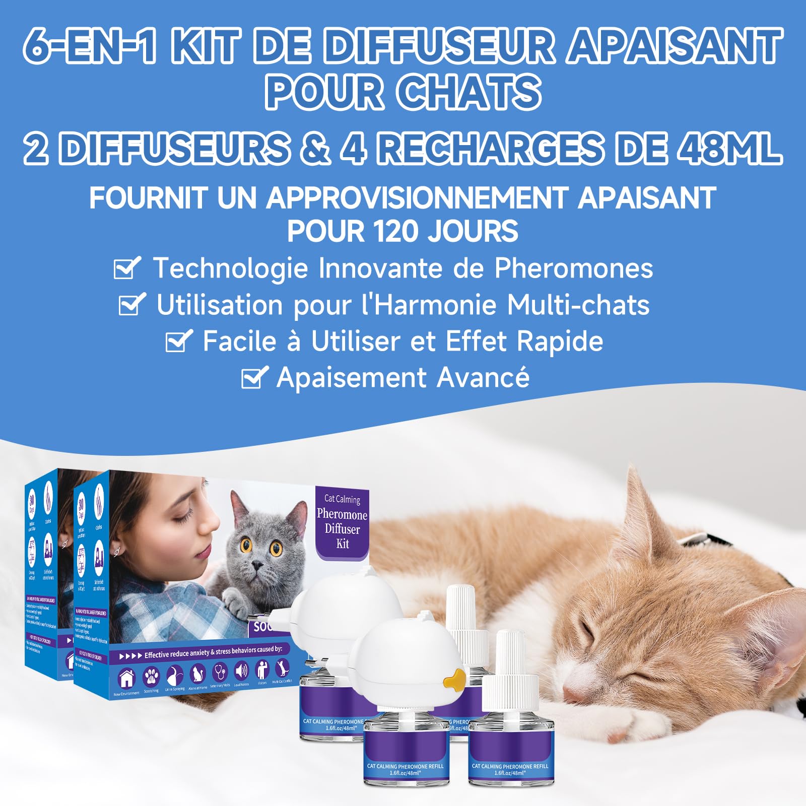 VICSOM Diffuseur Pheromones Chat 6 en 1, 120 Jours Diffuseur Chat Anti Stress, Phéromones pour Chat pour Relaxation, Réduisent l'Anxiété, Diffuseur Feromone pour Chat(1 Diffuseur + 4x48ml Recharges)