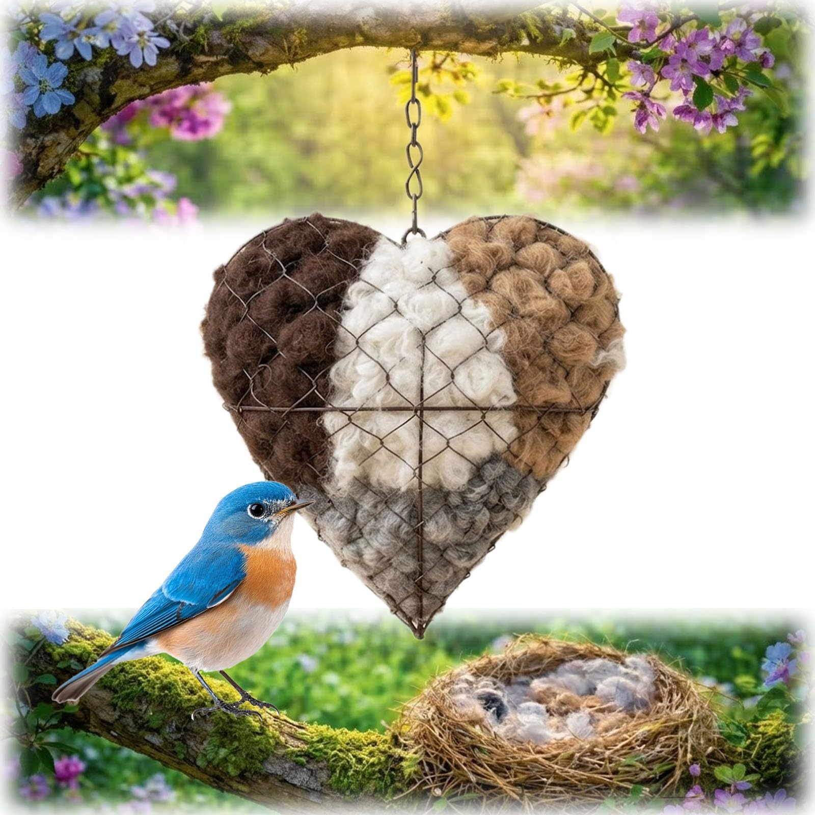Alpaka Wolle Für Vögel, Handgefertigtes Herzförmige Zupfherz Alpakawolle-Spender Für Vögel, Nachfüllbares Vogelhaus Nistkasten, Bietet Unterschlupf Nistmaterial Für Vögel (1 Set)
