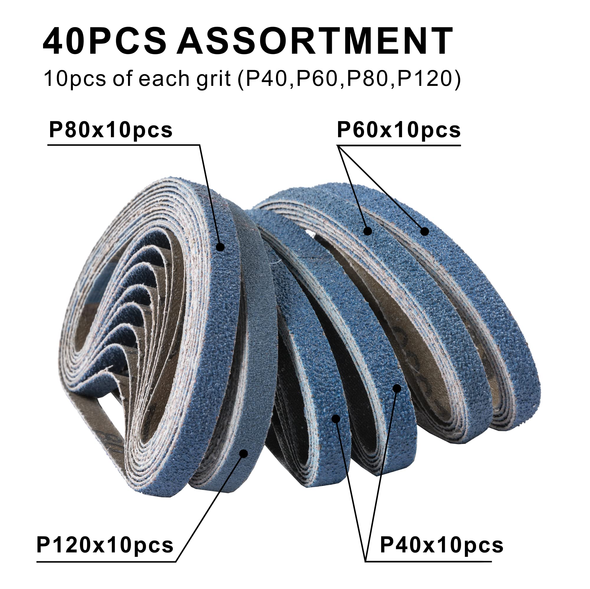 40 paquets de bandes abrasives de remplacement 10 x 330 mm, 10 bandes abrasives en corindon zirconien de 40/60/80/120 grains chacune (bandes de 3/8 pouces x 13 pouces)