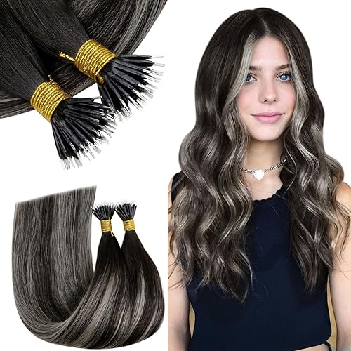 RUNATURE Micro Nano Tips - Extensiones de cabello humano real de color negro a plateado, 16 pulgadas, extensiones de cabello humano nano con micro