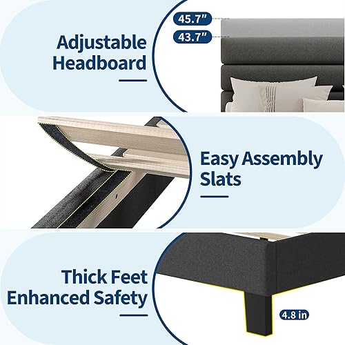 Miniatura 7 de IDEALHOUSE Base de cama Queen con cabecera ajustable, tapizada de tela de lino y soporte de listones de madera, base de colchón resistente de
