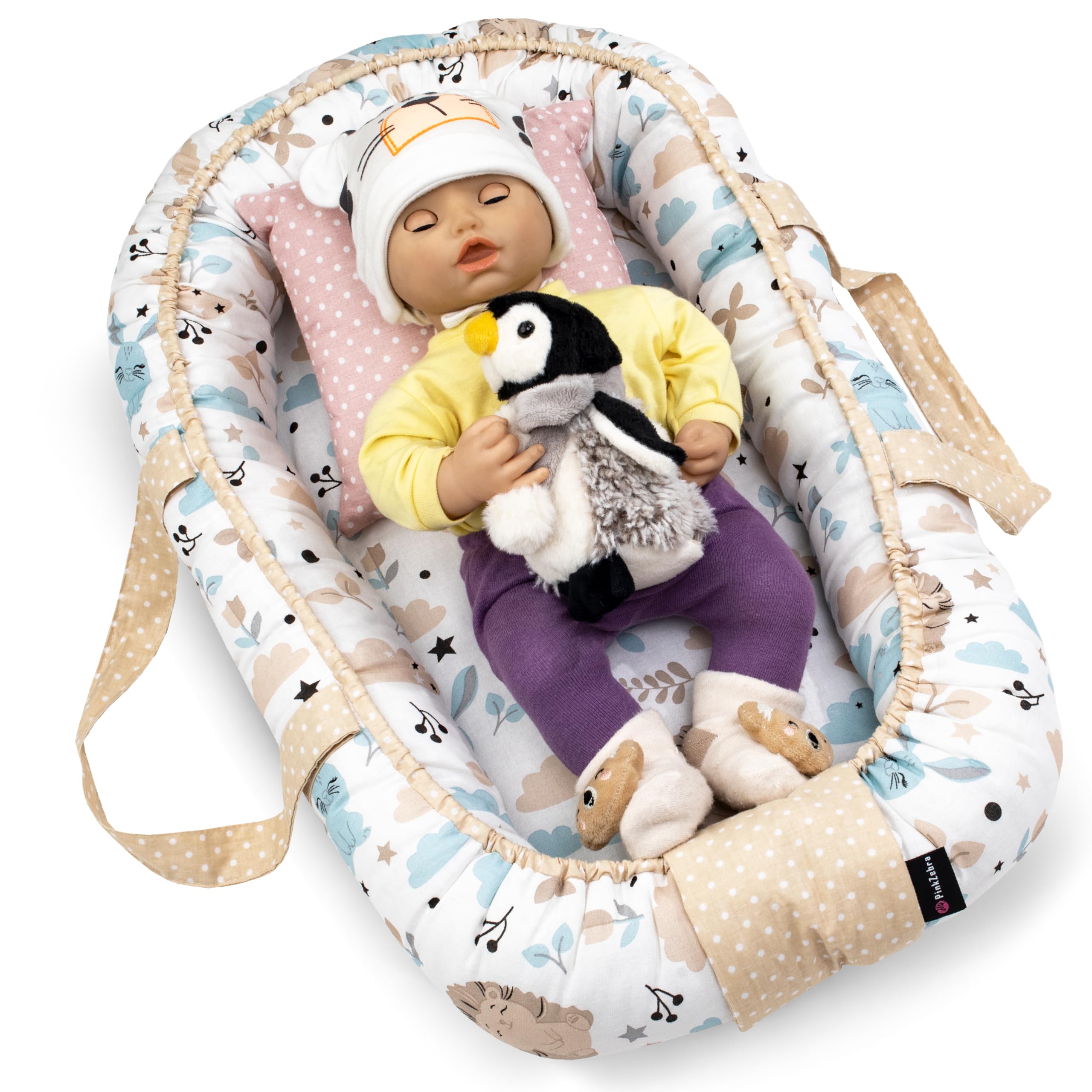 PinkZebra Tragetasche,2 in 1 Tragetasche, Tragenest Kokon aus Baumwolle, Igel und Freunde