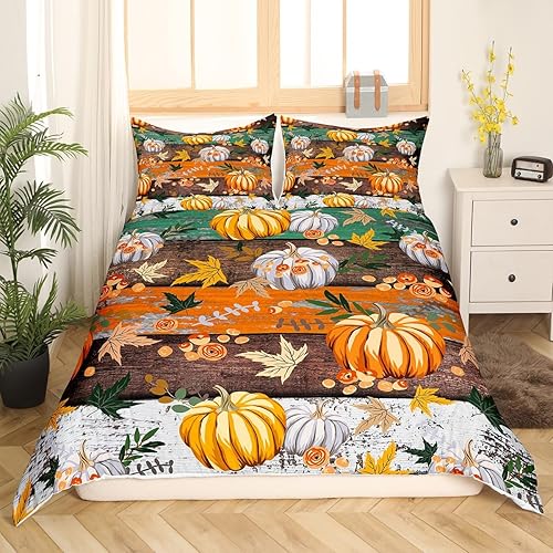 Miniatura 2 de Juego de funda de edredón para niños con diseño de calabaza otoñal, tamaño King, juego de ropa de cama rústica con tablones de madera, decoración de
