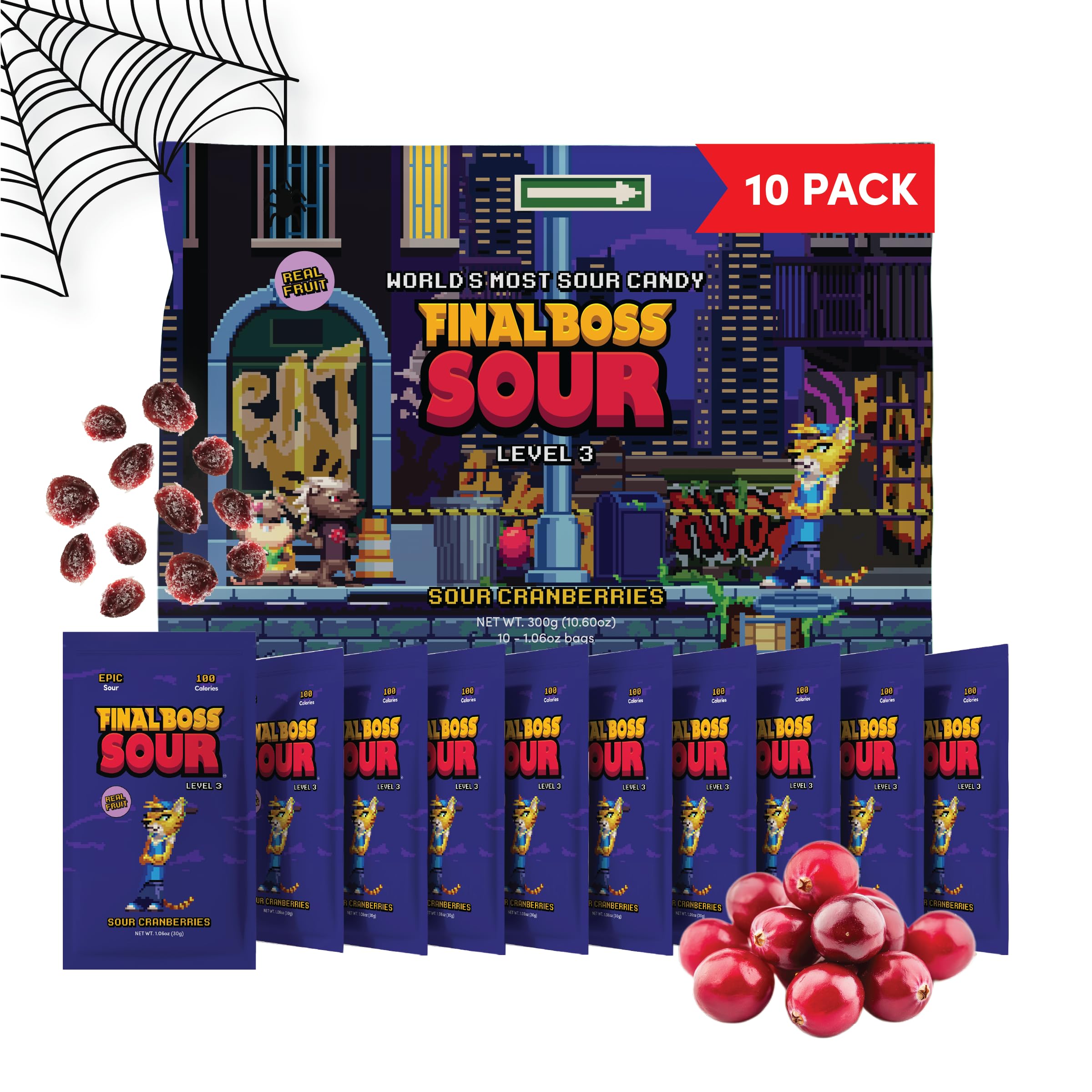 Final Boss Halloween Sour Candy, Sour Cranberries, 10 Pack, Level 3, Fruit Chews with Real Dried Fruit, No Artificial Colors or Flavors, Low Calorie Snack for Kids, Teens, Adults, Lunch Boxes