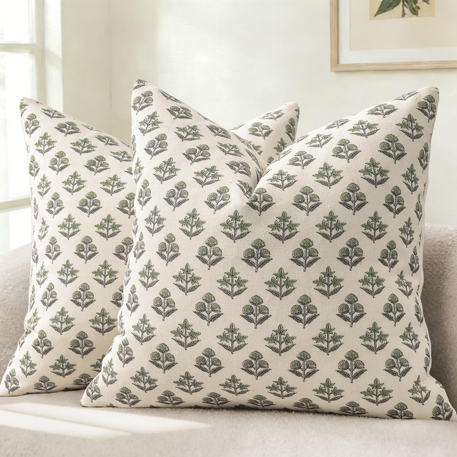 YCOLL Modernes Botanisches Vintage-Design Kissenbezug 45x45 2er Set Blumen Kissenbezüge, Sofakissen, Dekokissen für Sofa, Couch, Stuhl, Bett, Wohnzimmer Heimdekoration, Salbeigrün