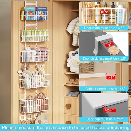 Miniatura 4 de Organizador ajustable sobre la puerta, organizador de puerta colgante de metal con 5 cestas de alambre, 7 ganchos, estante montado en la pared para