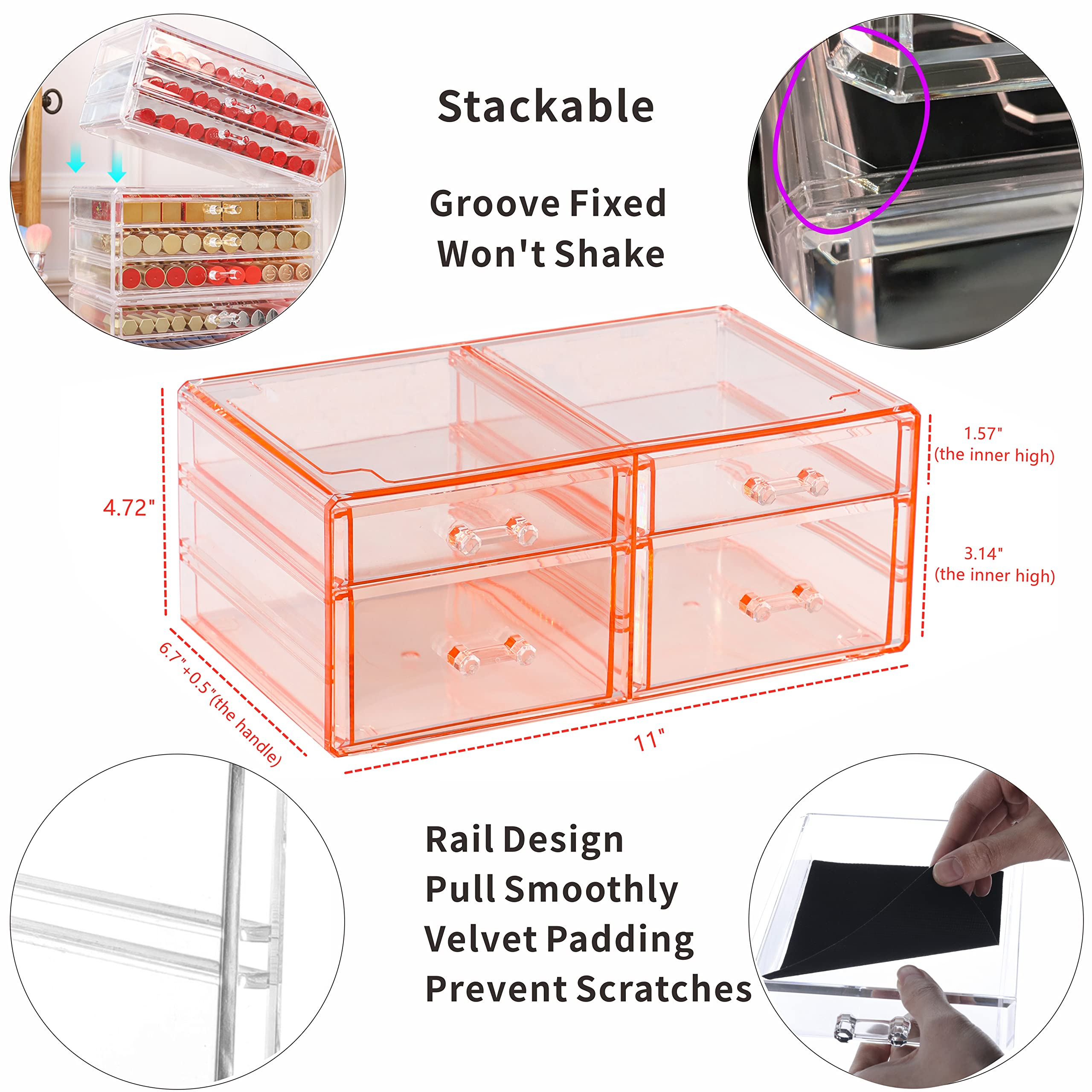 Acrylic Pink Jewelry Box Organizer With 4 Drawers,Rectangular Brightroom Storage Bins Plastic Desk Organizers,Stackable Makeup Drawer Suitable for Office,School,Home Stackable Organizer Bins,Pack of 1