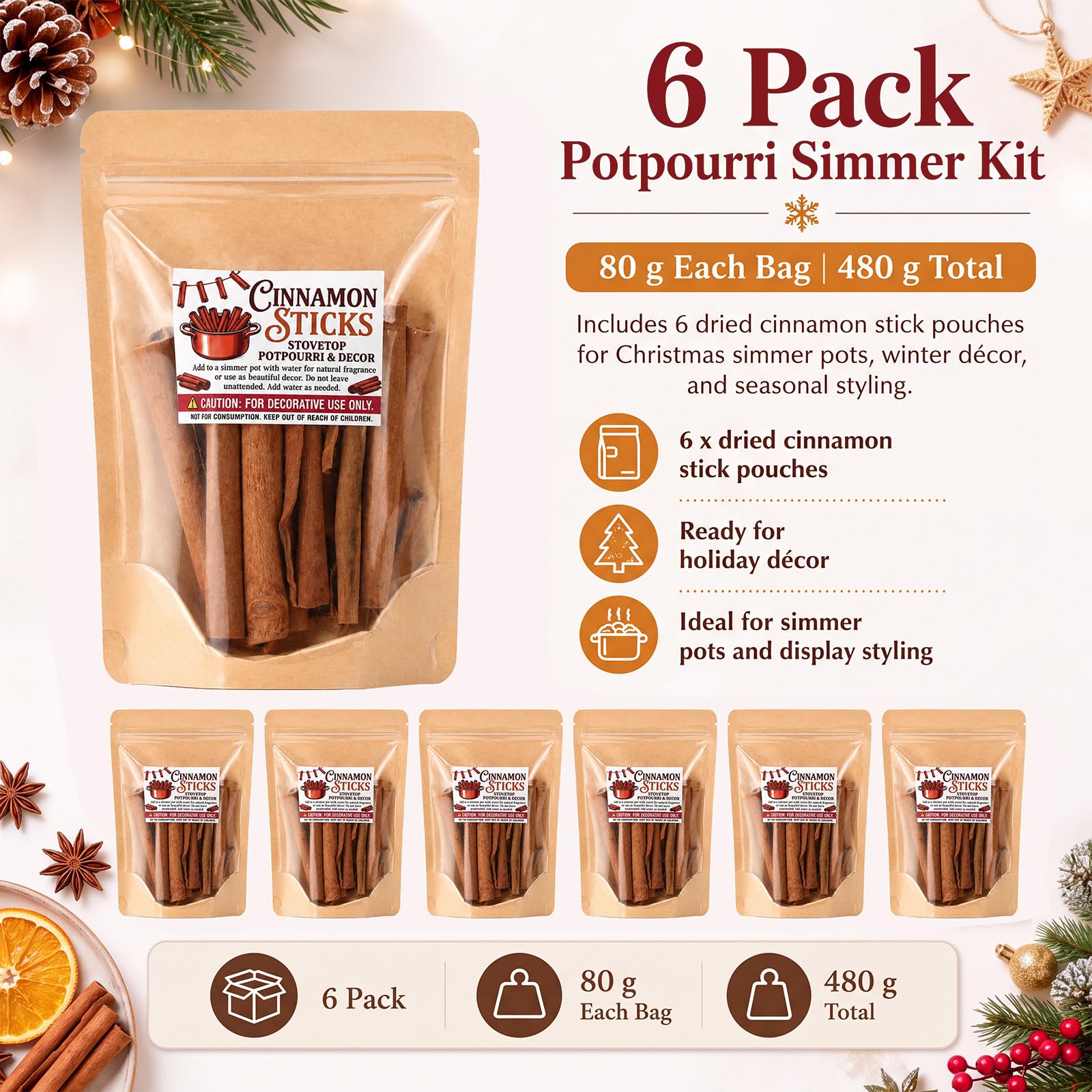 Lot de 6 pots pourris de Noël 480 g, bâtons de cannelle | Botaniques séchées sur la cuisinière avec autocollants, mélanges de pot-pourri d'épices non toxiques