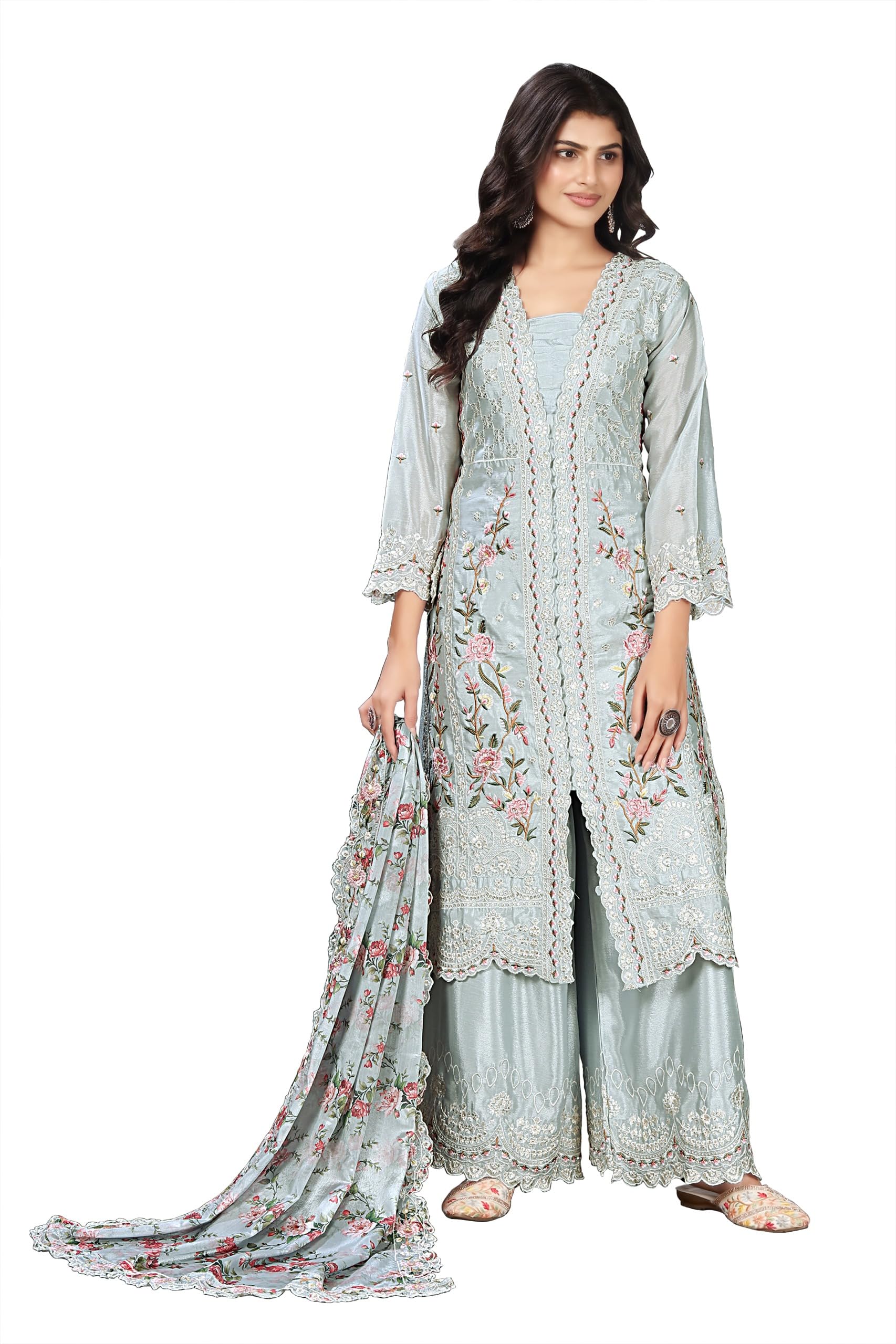 miss ethnik Women's Light Blue Chinon Stitched Top With Bottom and Dupatta 3/4 Sleeve Embroidered Kurta Palazzo Set (ME-1261)-picture-37