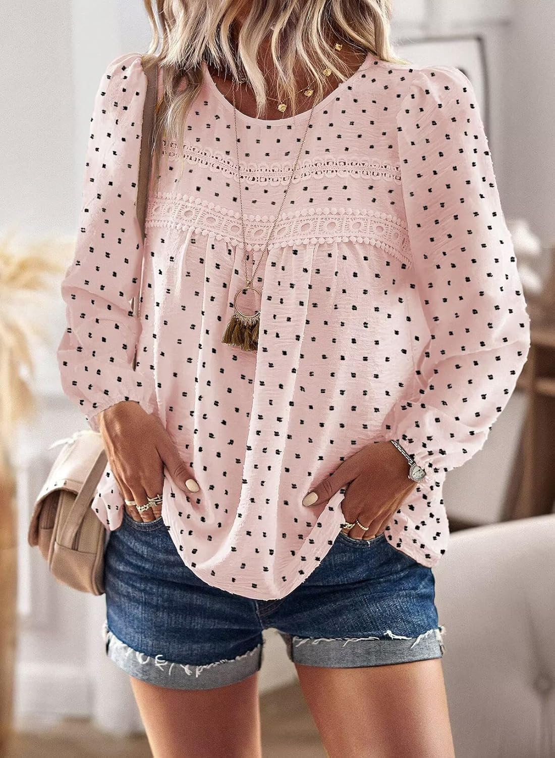 Boho Tops for Women Long Sleeve Shirts Crewneck Flowy Womens Blouses Dressy Casual Lace Hem Clothing Trendy 2026 - Image 5