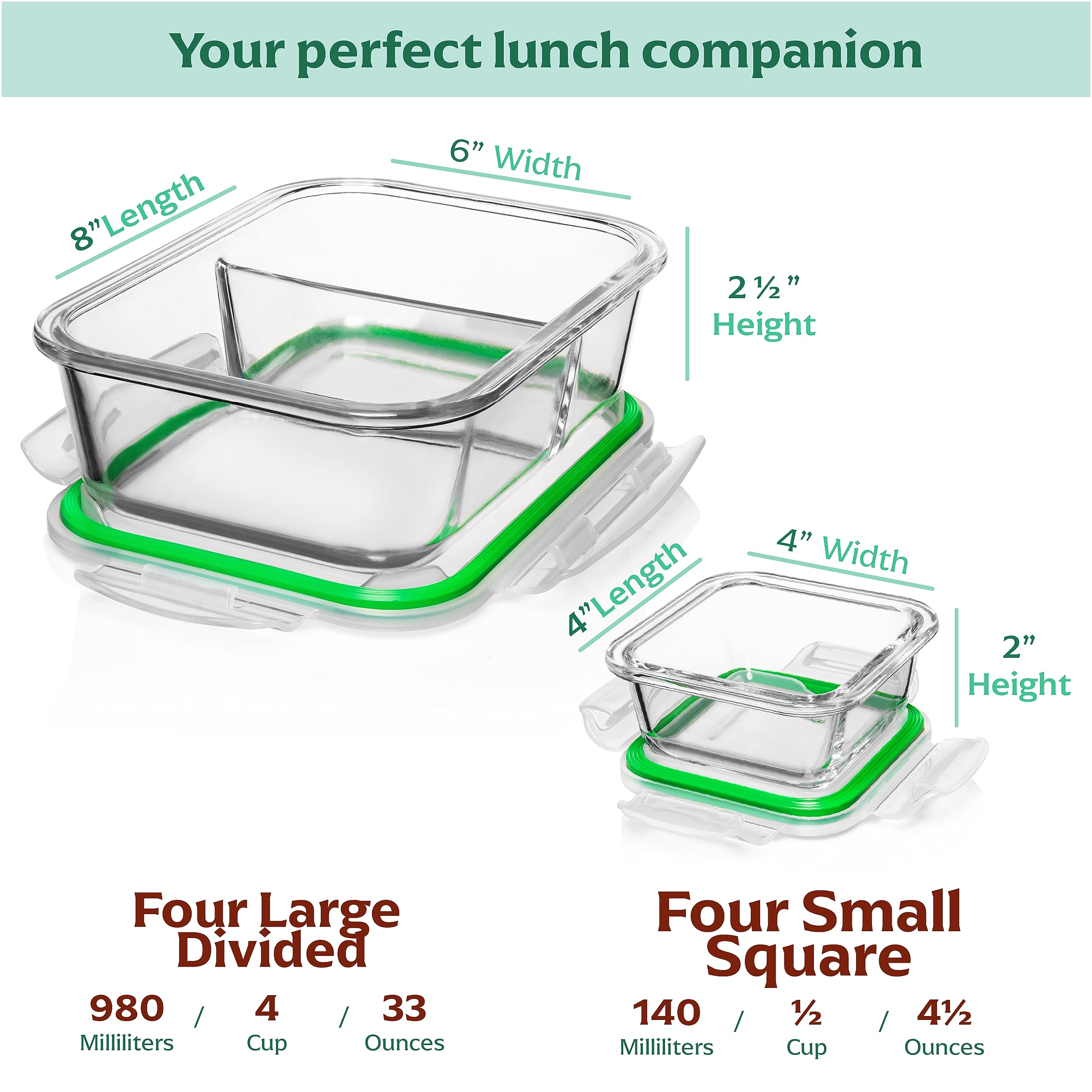 Fusion Gourmet Recipientes de vidrio para preparación de comidas con tapas [8 unidades, 33 onzas y 4.5 onzas] – Cajas Bento de vidrio dividido de 2 compartimentos para adultos, aptos para horno y