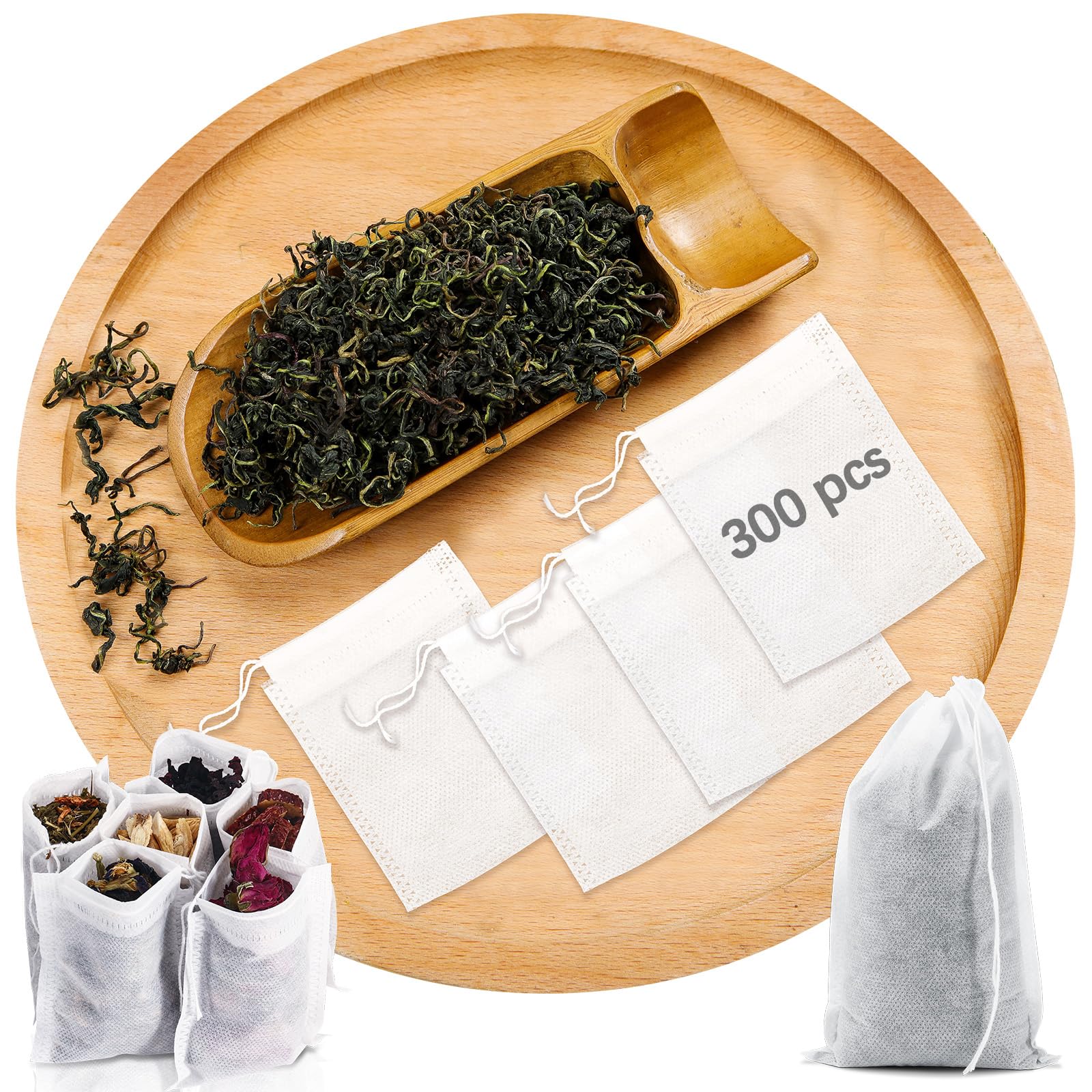 Leere Teebeutel für losen Tee, Einweg-Teefilterbeutel mit Kordelzug, befüllbares Tuch, leere Teebeutel für losen Tee, Kaffee, Kräuter, Gewürze (9 x 7 cm), 300 Stück
